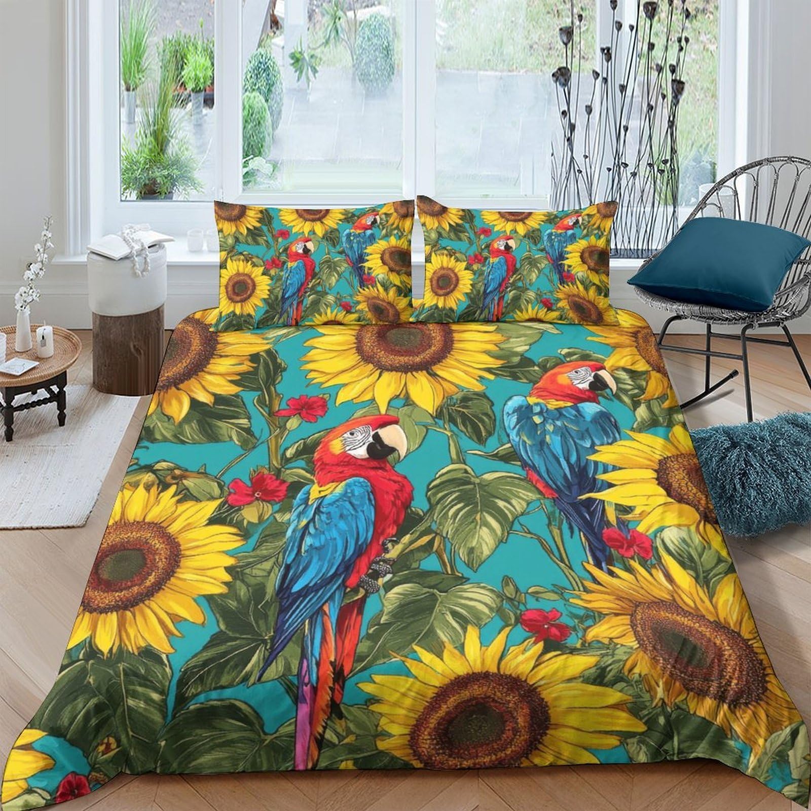 GPLZQXKJNH 3D Printed Sunflower Parrot Duvet Cover Microfiber Soft Breathable Tropical Bird Bedding Set with 2 Pillowcases for Bedroom Decor Single（135x200cm）