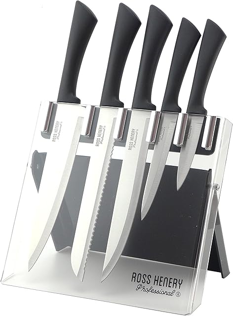 Ross Henery professional knives, 5 Piece kitchen knife set with Silver coloured blades in a clear foldable Acrylic Stand