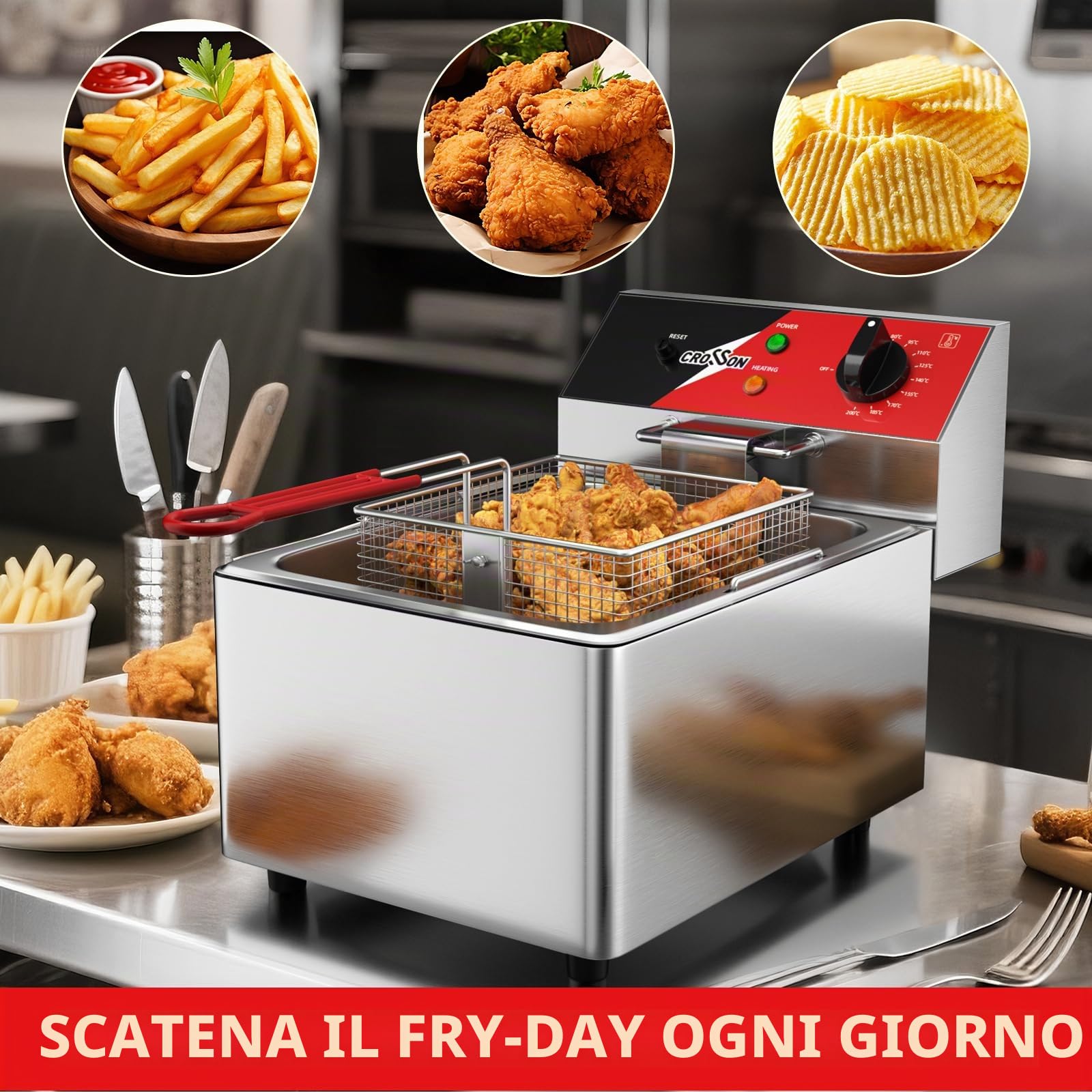 CROSSON Friggitrice Commerciale 6 Litri,Friggitrice Elettrica ad Olio da Inox 3000W con Cestello e Coperchio,Controllo Temperatura 80-200°C,per Cucina Ristorante