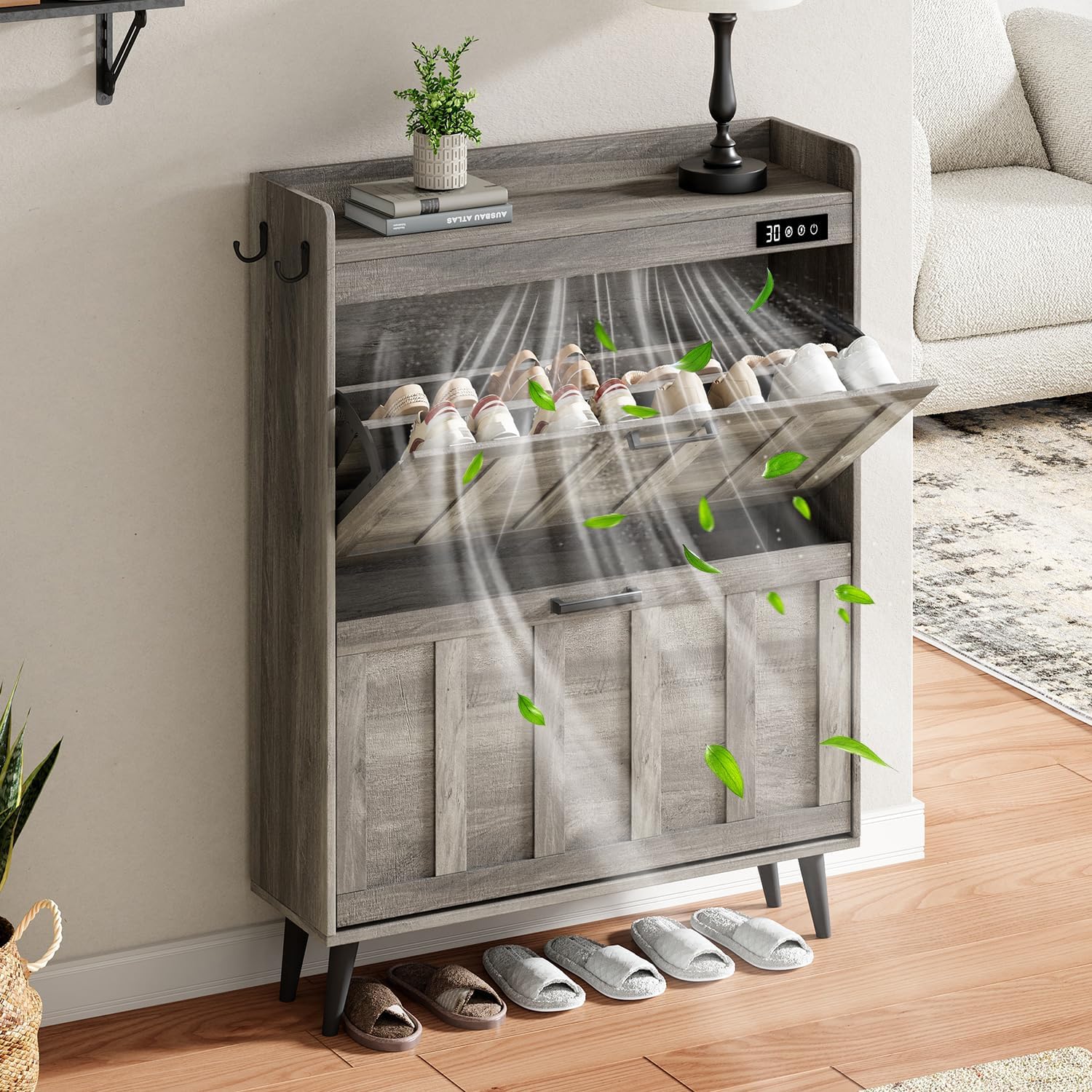 ChooChoo Shoe Storage Cabinet with 2 Flip Drawers, Deodorizing Shoe Organizer Storage for Entryway, Freestanding Hidden Slim Narrow Shoe Rack Cabinet, Grey Grey 2-Drawers