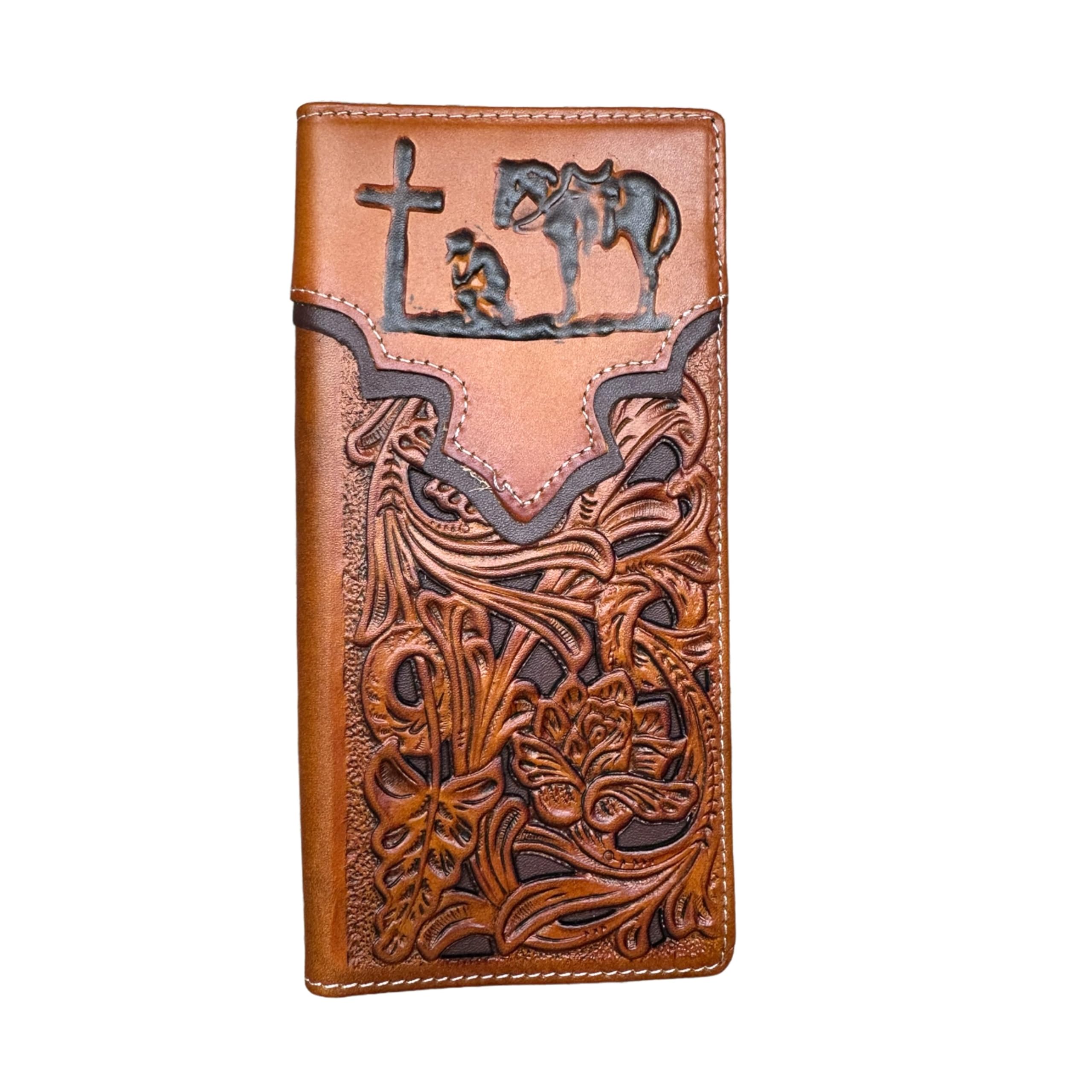 Western Stakes Men’s Long Leather Wallet – Embossed Cowboy Praying at Cross with Laser Cut Floral Design – Christian Western Rodeo Bifold Wallet for