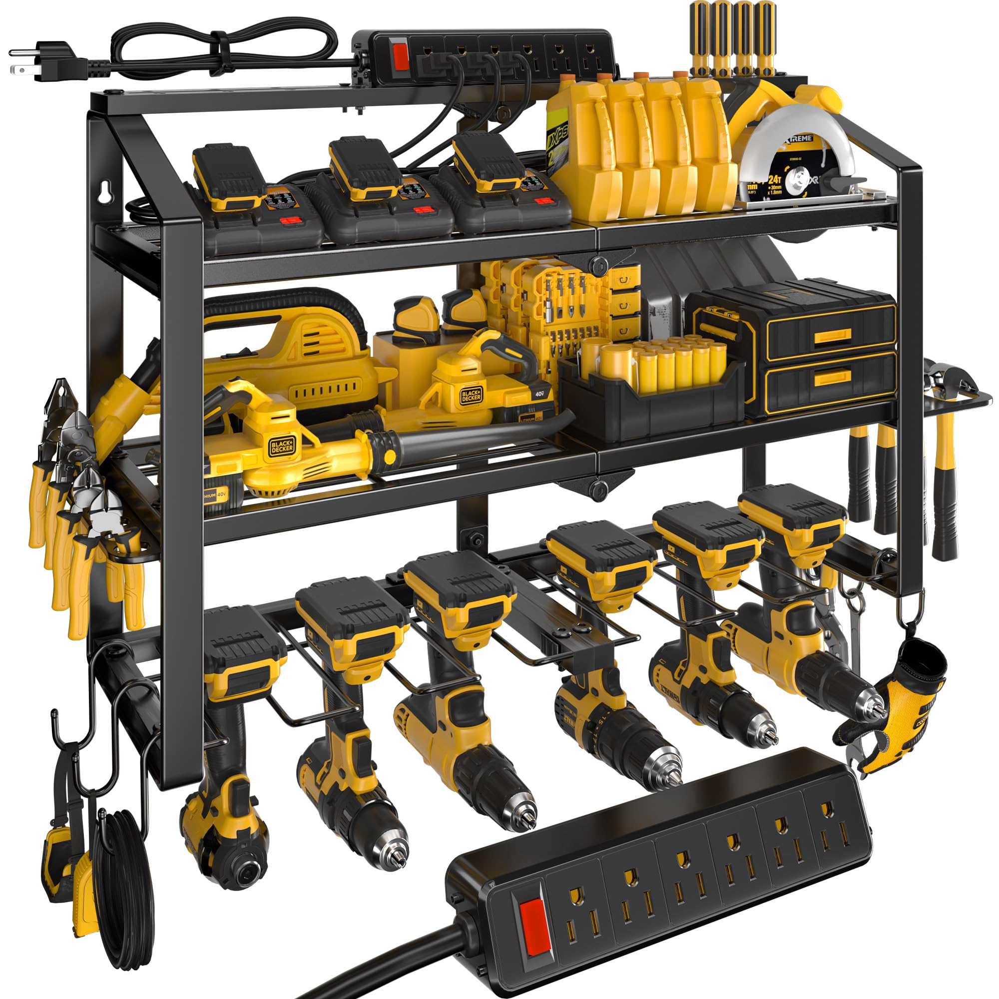 Organizador de herramientas eléctricas de alta resistencia para montaje en pared, estante de almacenamiento de 3 capas con 6 sopor