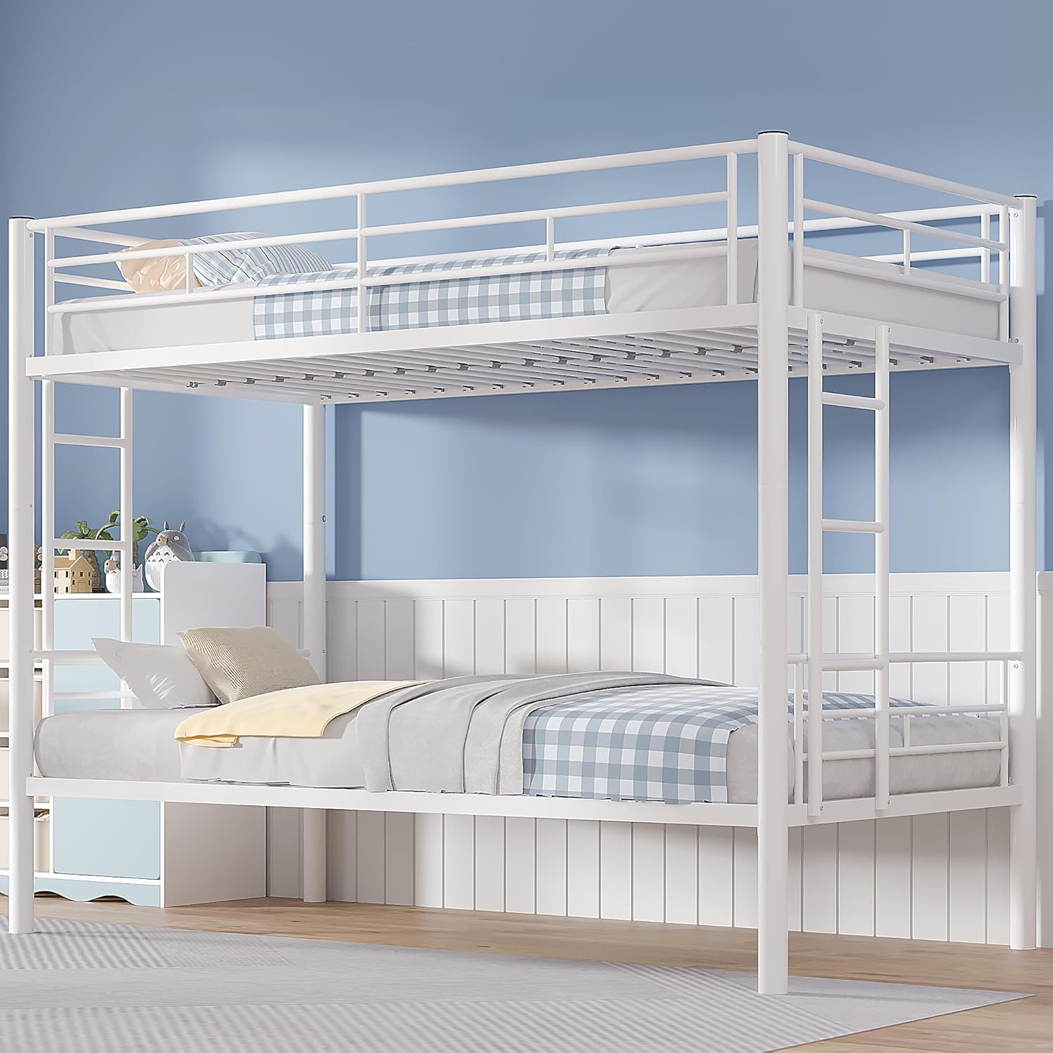 VECELO Twin Over Twin Metal Bunk Bed with Full Guardrails, Ladder, Noise-Free Slats & Underbed Storage, White - Space-Saving No Box Spring