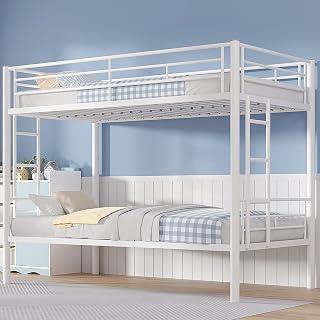 VECELO Twin Over Twin Metal Bunk Bed with Full Guardrails, Ladder, Noise-Free Slats & Underbed Storage, White - Space-Saving No Box Spring