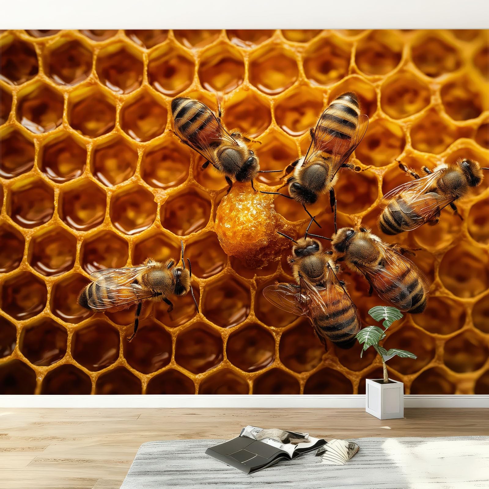 Wiejski rustykalny mural ścienny geometryczny plaster miodu zwierzęta pszczoły fototapeta, 400 W x 280 cm duża sztuka ścienna dekoracja do salonu sypialni pokoju dziecięcego - nowoczesny plakat