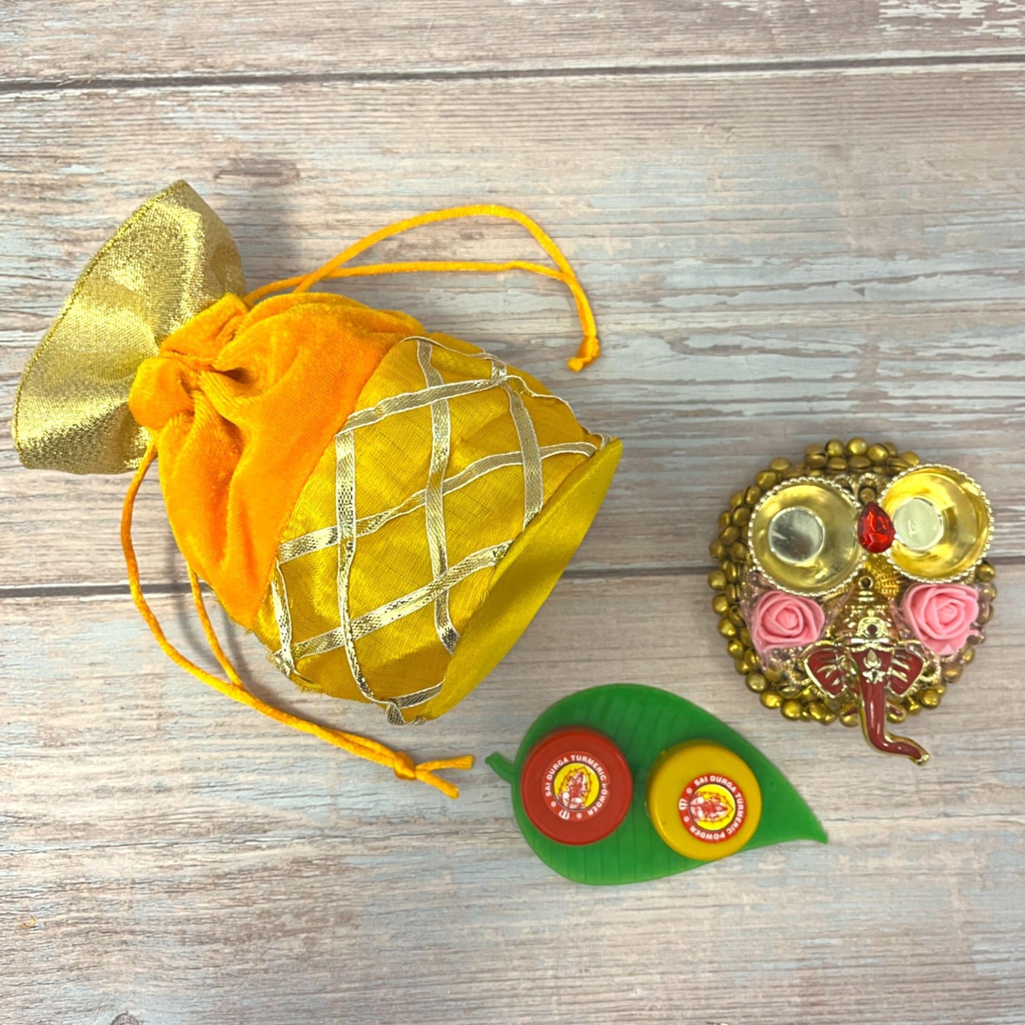 LOVENSPIRE Ganesha Gift Hamper Hindu Religious Ganesh Chaturthi Diwali Teej Sankranti Puja Housewarming Return Gifts - Velvet Potli Bags Haldi Kumkum Packet & Ganesha Haldi Kumkum Holder