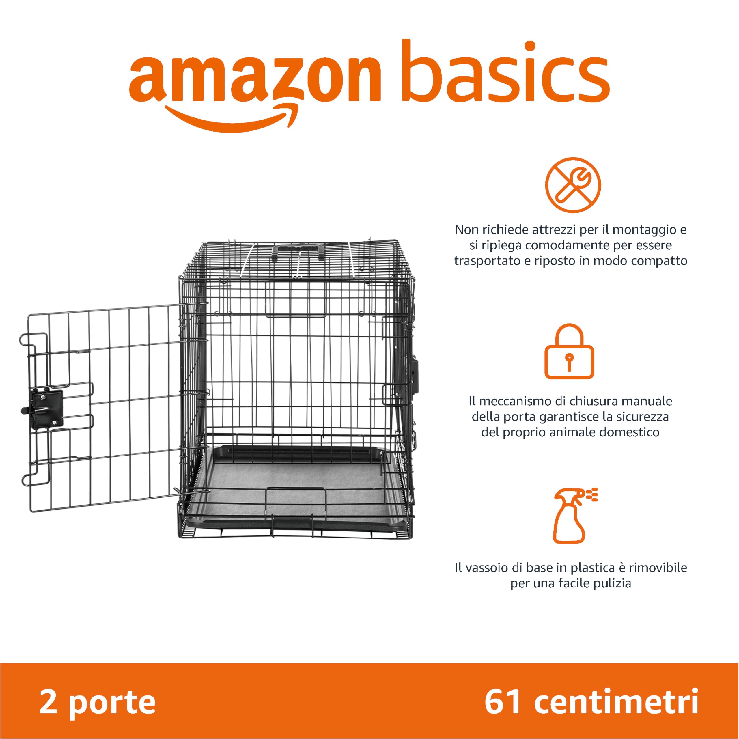 Amazon Basics Gabbia per cane in metallo, Pieghevole,Rimovibile, con vassoio di base e doppio sportello, (confezione da 1), 61 x 46 x 51 cm, Nero
