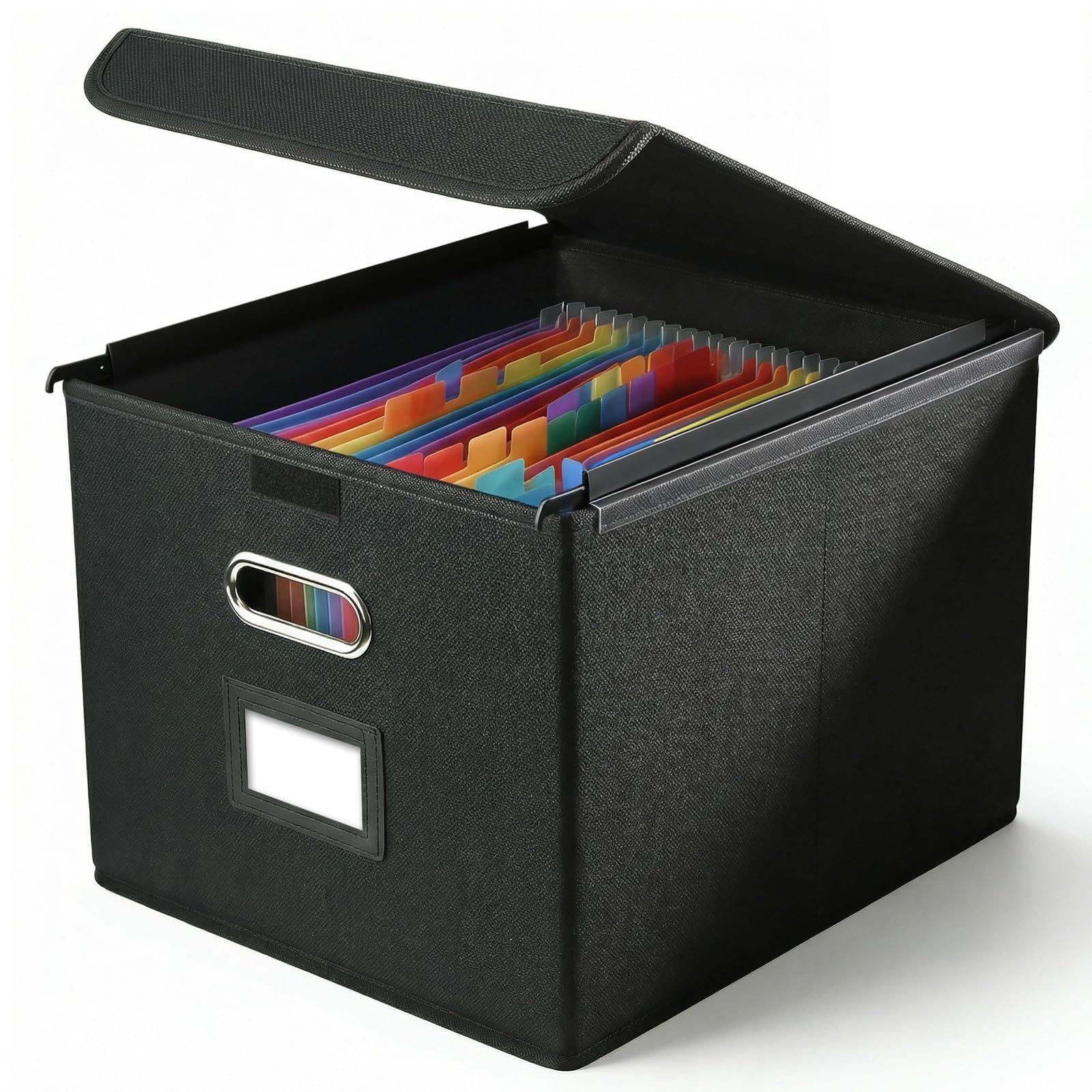 Upgraded Portable File Organiser Box, Filing Boxes with Lid, File Storage Box Includes 25 Pockets Expanding, Foldable Fabric File Box with Metal Handles & Label Slot for Home Office Storage, Black