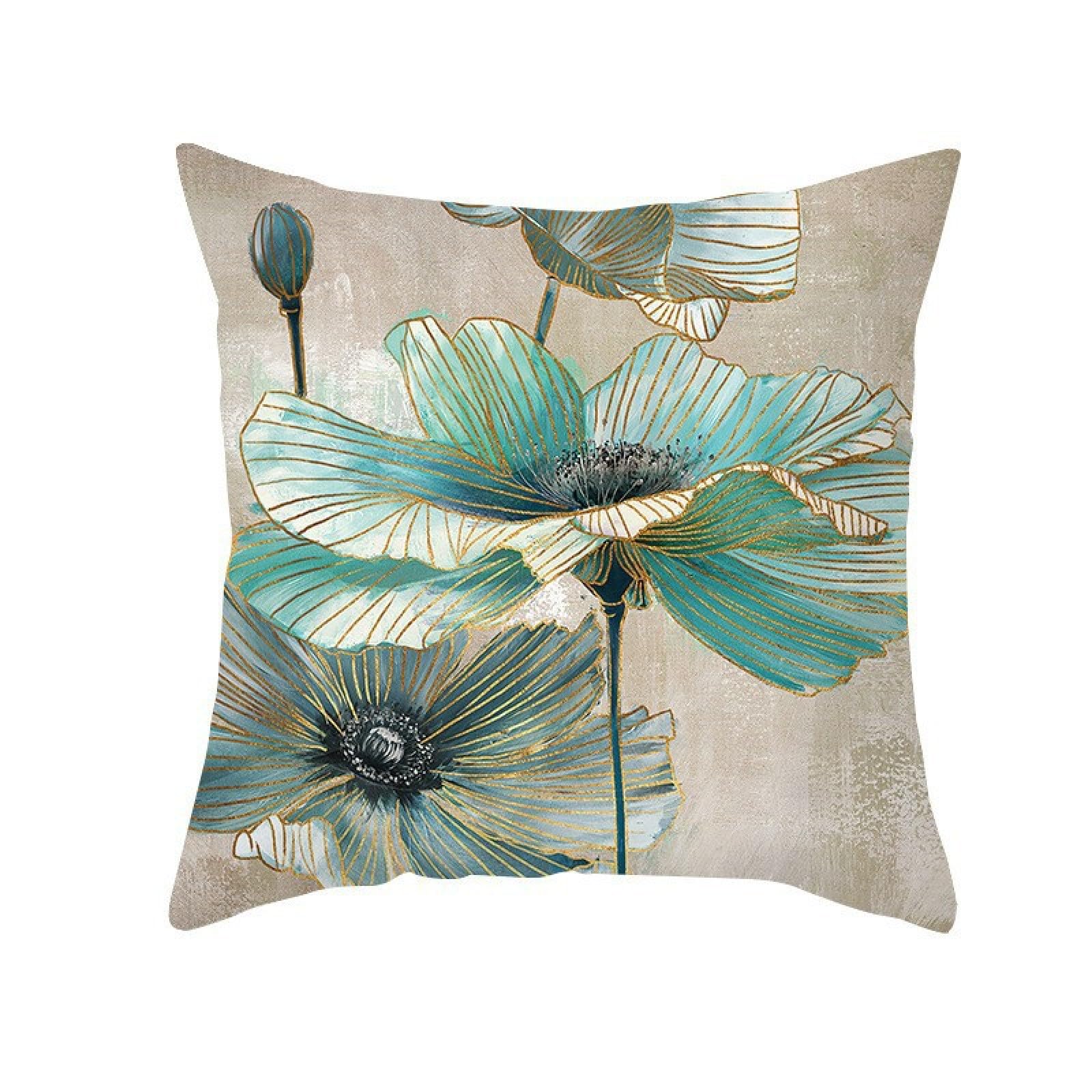 Cushion Covers 40cm x 40cm Green Lotus Leaf Decorative Pillows Linen Square Sofa Bed Cushions with Invisible Zipper Throw Pillow for Living Room Outdoor Pillowcases