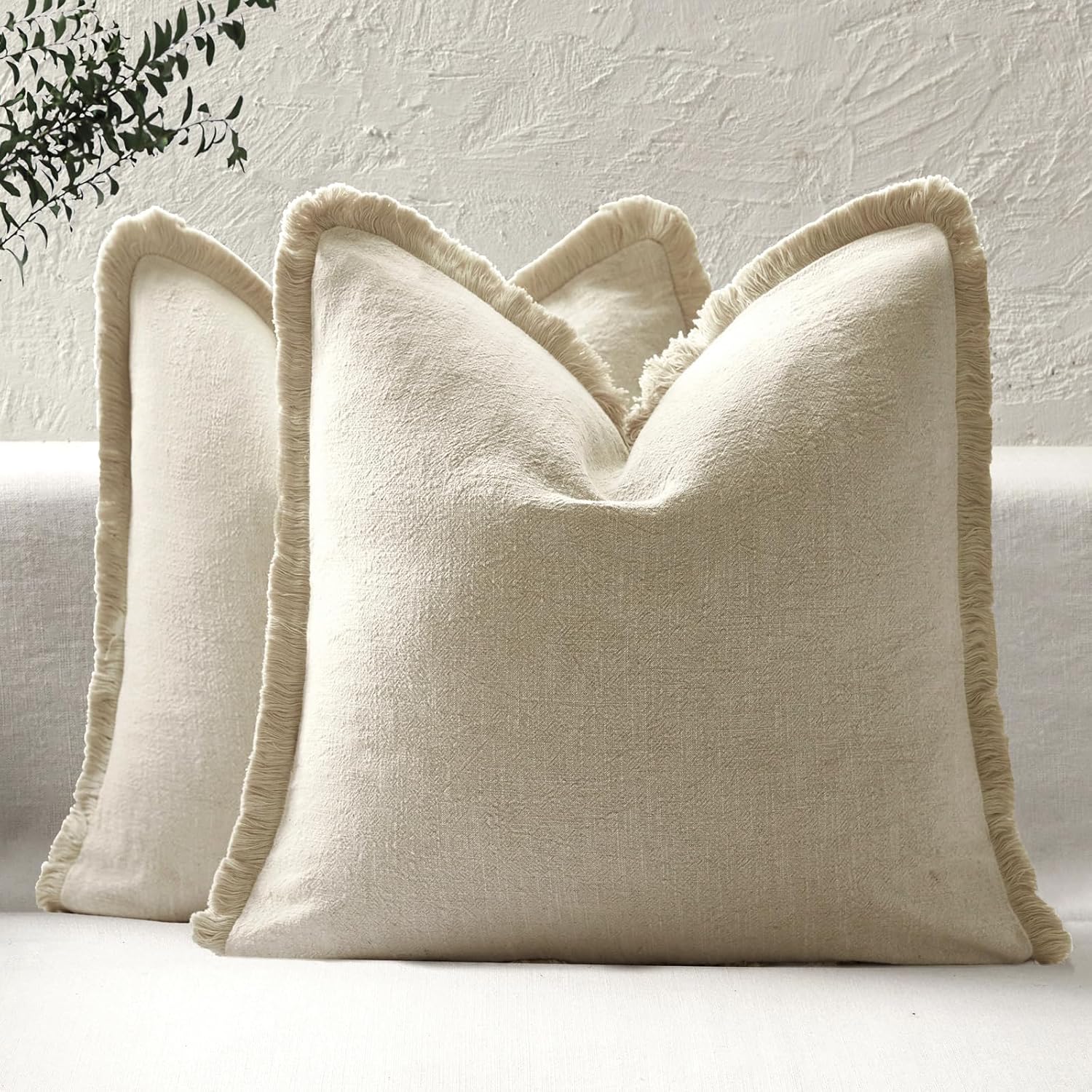 Boho Decorative Throw Pillow Covers with Fringe for Couch, Living Room, Bed Set of 2, 18x18 Inches, Light Khaki Light Khaki 18" x 18" (Pack of 2)