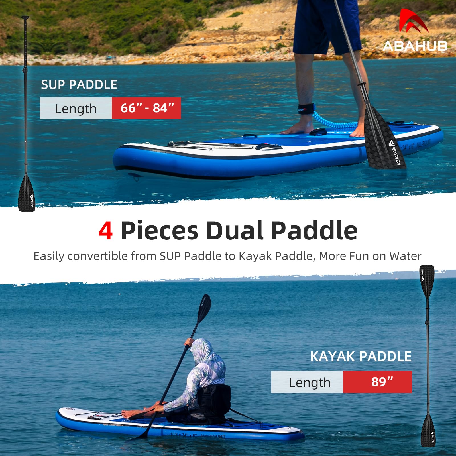 Abahub 4 teilige Carbon SUP/Kajak Paddel, verstellbares Stand Up Paddleboard, Leichter Carbonschaft, mit Carbonmuster der Paddelblatt 12k Kunststoffklinge
