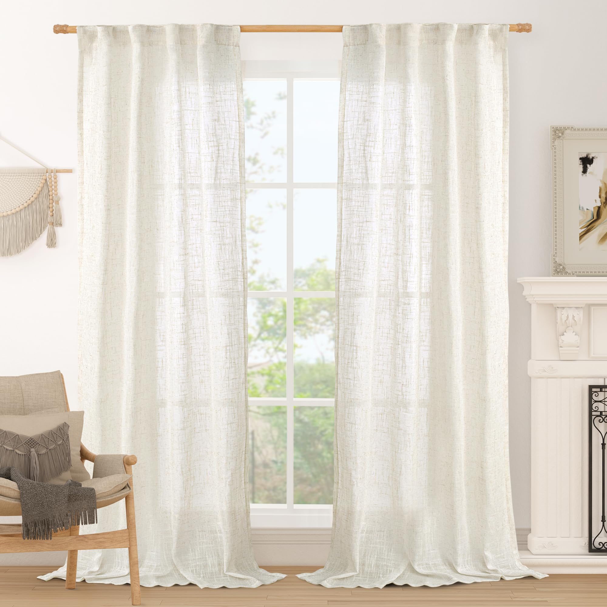 LAMIT Ivory White Linen Curtains for Living Room 84 inch Length 2 Panels, Light Filtering Semi Sheer Panels Back Tab and Rod Pocket Boho Drapes for Bedroom/Farmhouse, 38 x 84 Inch