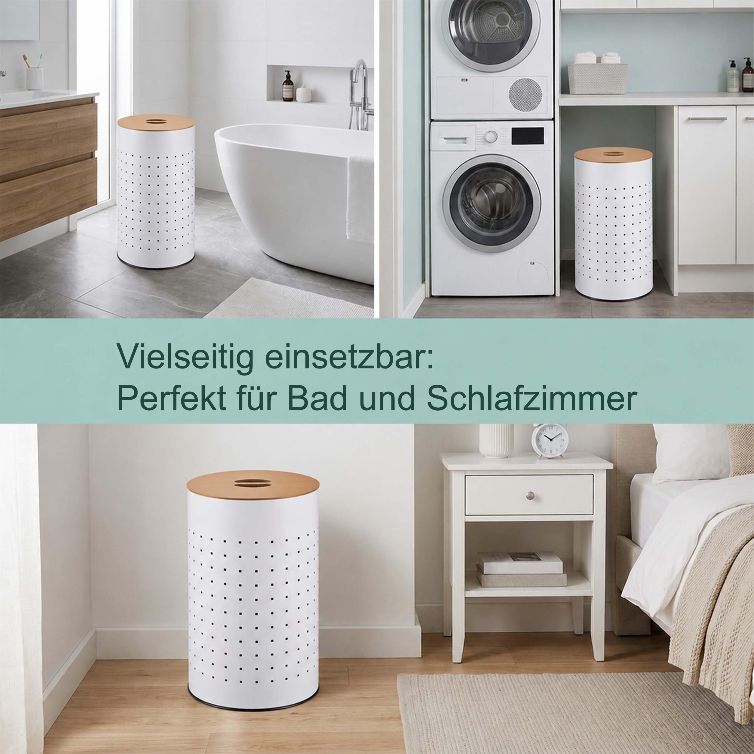 Relaxdays, Wäschekorb mit Deckel, Metall, 50 l, HxD: 57 x 35 cm, weiß/natur | Wäschesammler mit Löchern, Wäschebehälter
