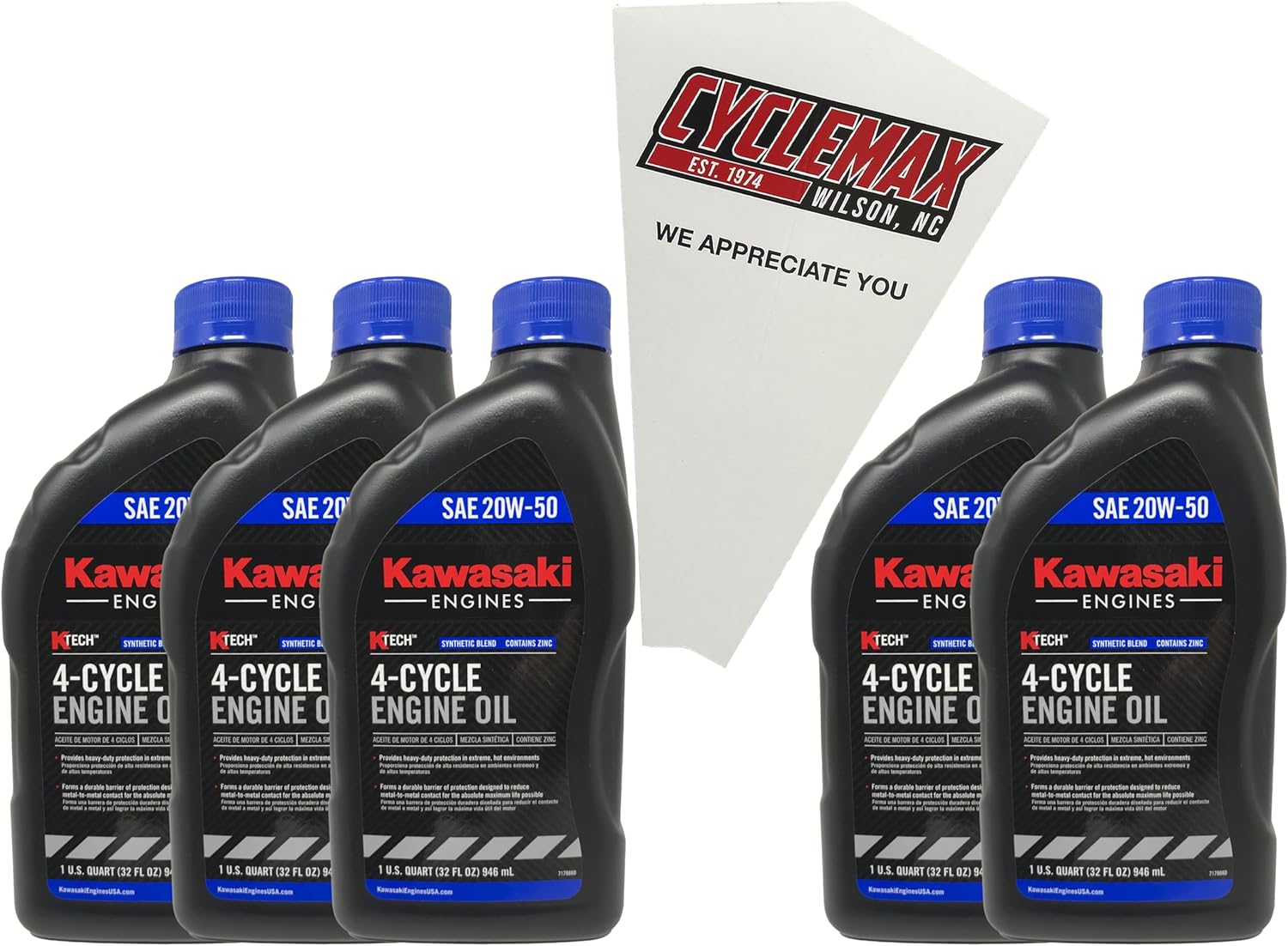 CYCLEMAX Five Pack Compatible with Kawasaki SAE 20W50 4-Cycle K-Tech Lawnmower Engine Oil 99969-6298 Contains Five Quarts and a Funnel