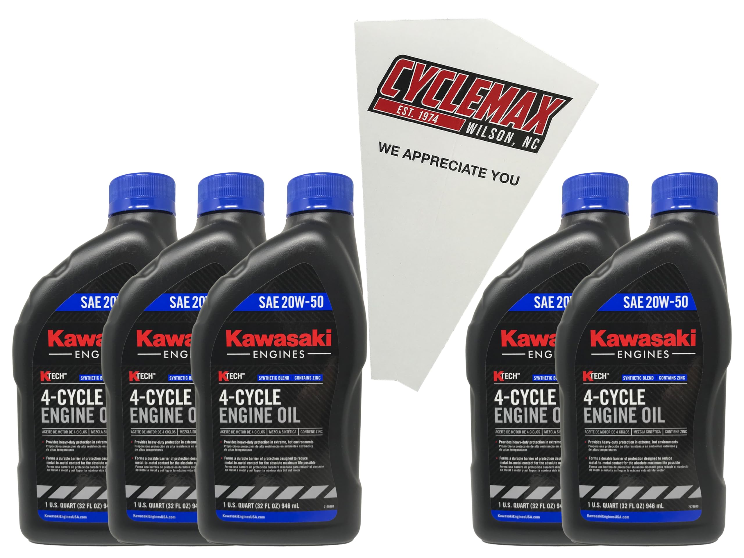 Cyclemax Five Pack compatible with Kawasaki SAE 20W50 4-Cycle K-Tech Lawnmower Engine Oil 99969-6298 Contains Five Quarts and a Funnel