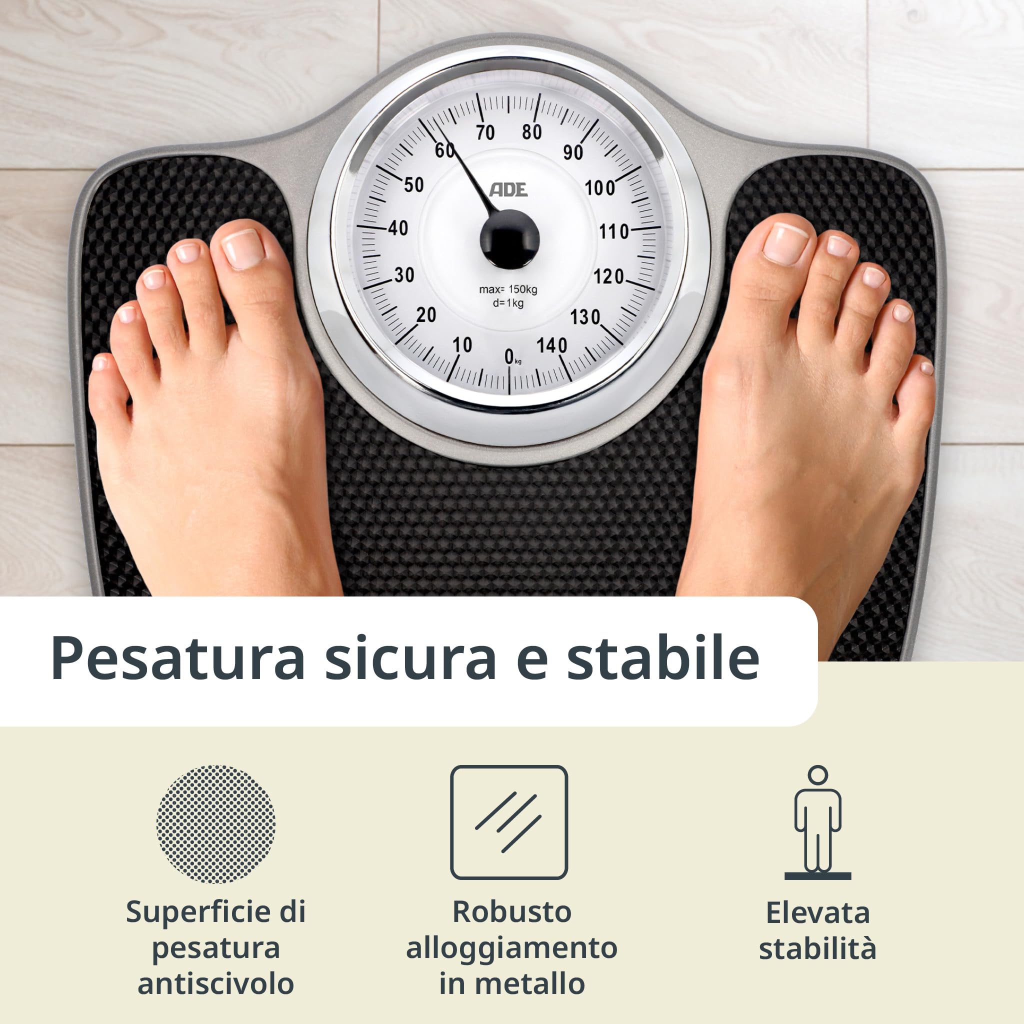 ADE Bilancia pesapersone analogica fino a 150 kg | bilancia meccanica con ampia superficie antiscivolo | scala extra large completamente visibile