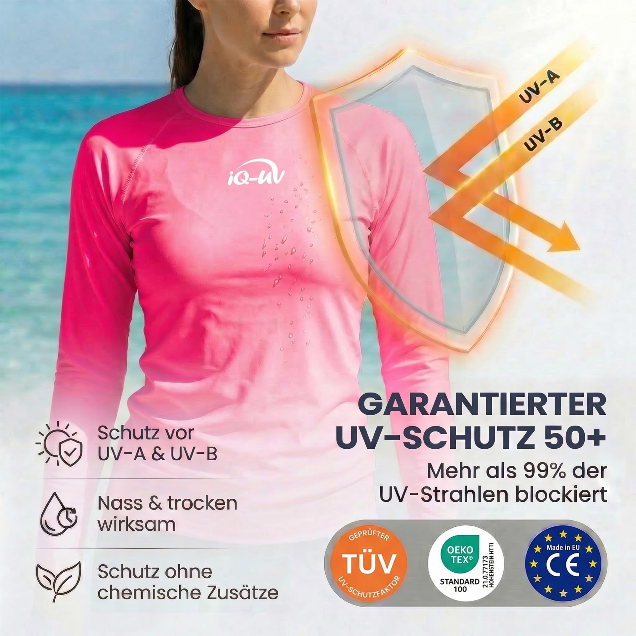 iQ-UV Sportshirt Damen Langarm – Elastisches UV Shirt für Damen für Wasser & Sport – Rash Guard mit UV-Schutz – Langarm Sportshirt für Frauen – Ideal zum Sport Machen oder Schwimmen