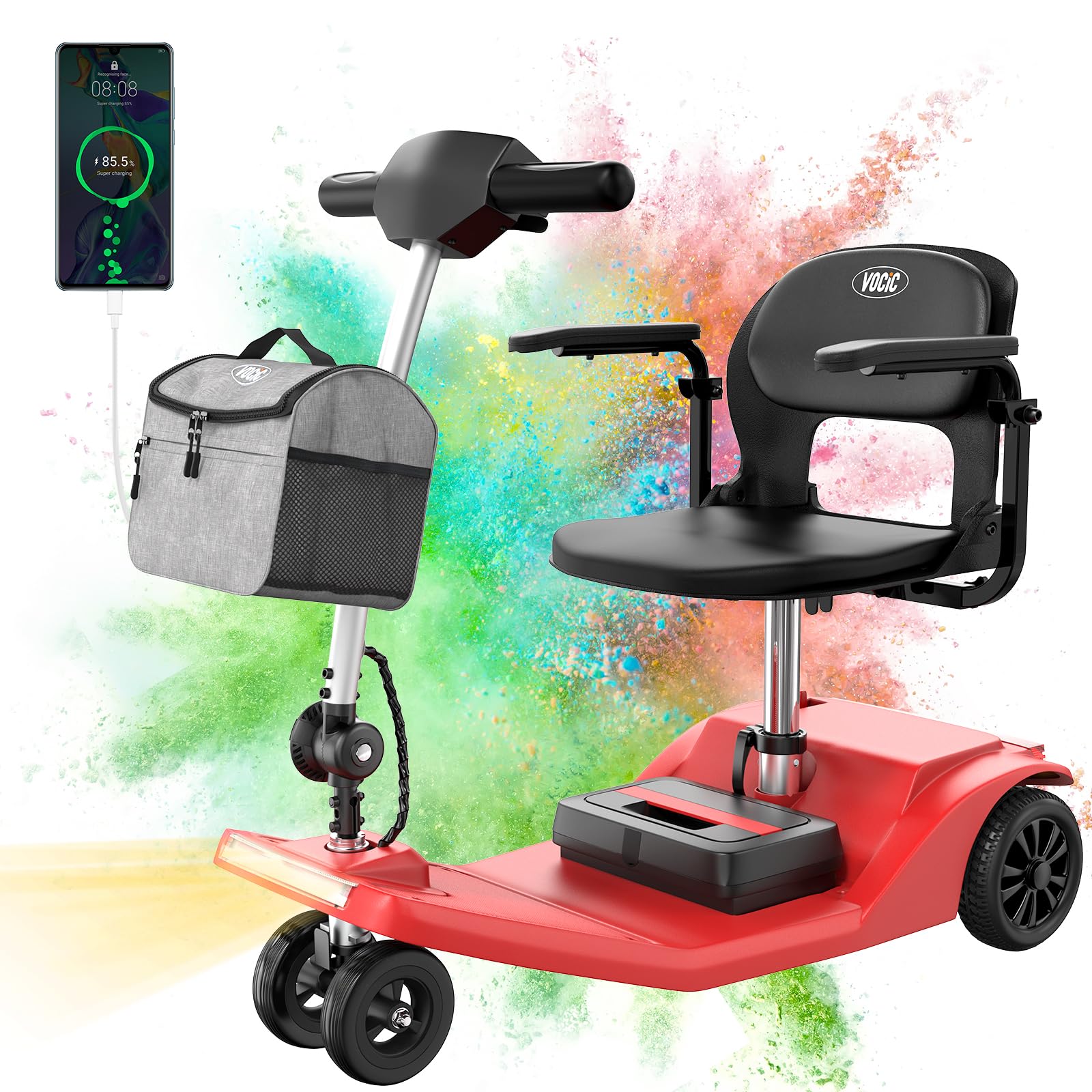 VOCIC D50 Scooter de movilidad de 3 ruedas ultraligero(22KG),Movilidad scooter 136KG plegable para personas mayores de alcance de 25KM para todo terreno con lona,Garantía de 5 años| Rojo