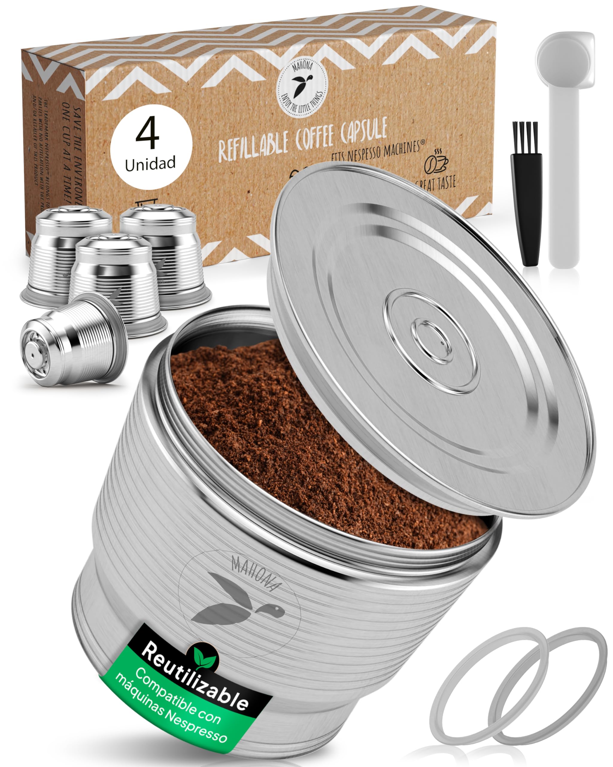 mahona Cápsulas Recargables Compatibles Nespresso Acero Inoxidable | Cápsulas reutilizables cero residuos, acero duradero, fácil llenado, con cuchara dosificadora y junta incluidas