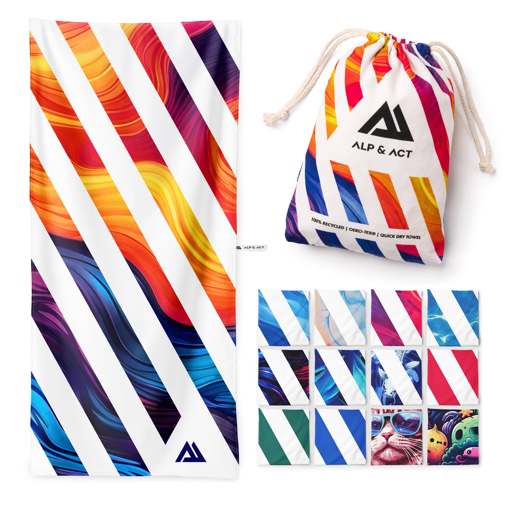 ALP & ACT Strandtuch XXL 200x90 cm - 100% recycelte Mikrofaser - EXTRA LEICHT & schnelltrocknend - großes Microfaser Handtuch für Urlaub & Strand - Badetuch inkl. Baumwollbeutel - bunt