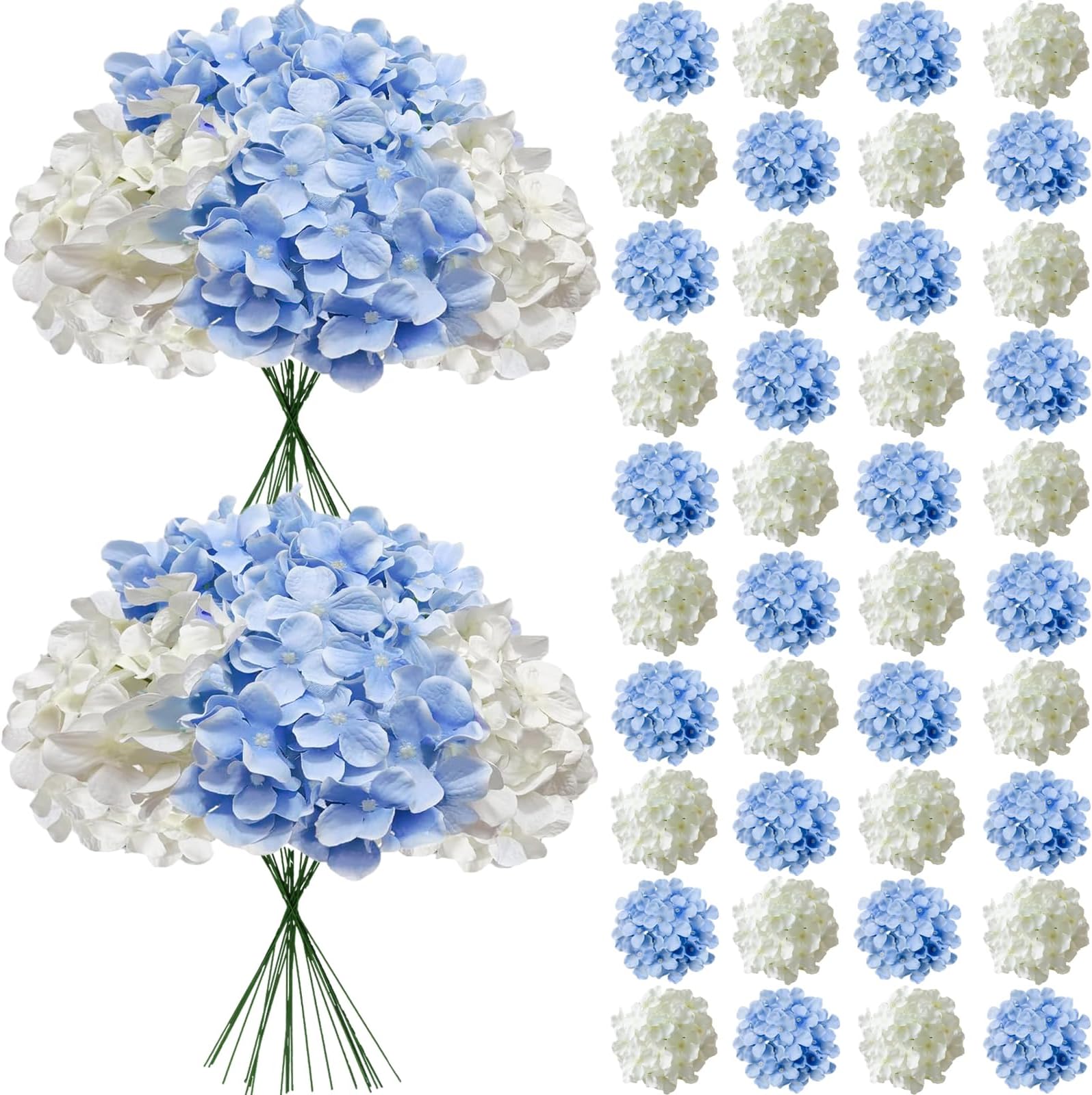 Hydrangea Artificial Flowers, 40 Pcs White And Blue Hydrangea Artificial Flowers Bulk, Faux Hydrangea Flowers for Outdoor, Fake Silk Ivory Hydrangea Flowers with Stems for Wedding Decoration Decor