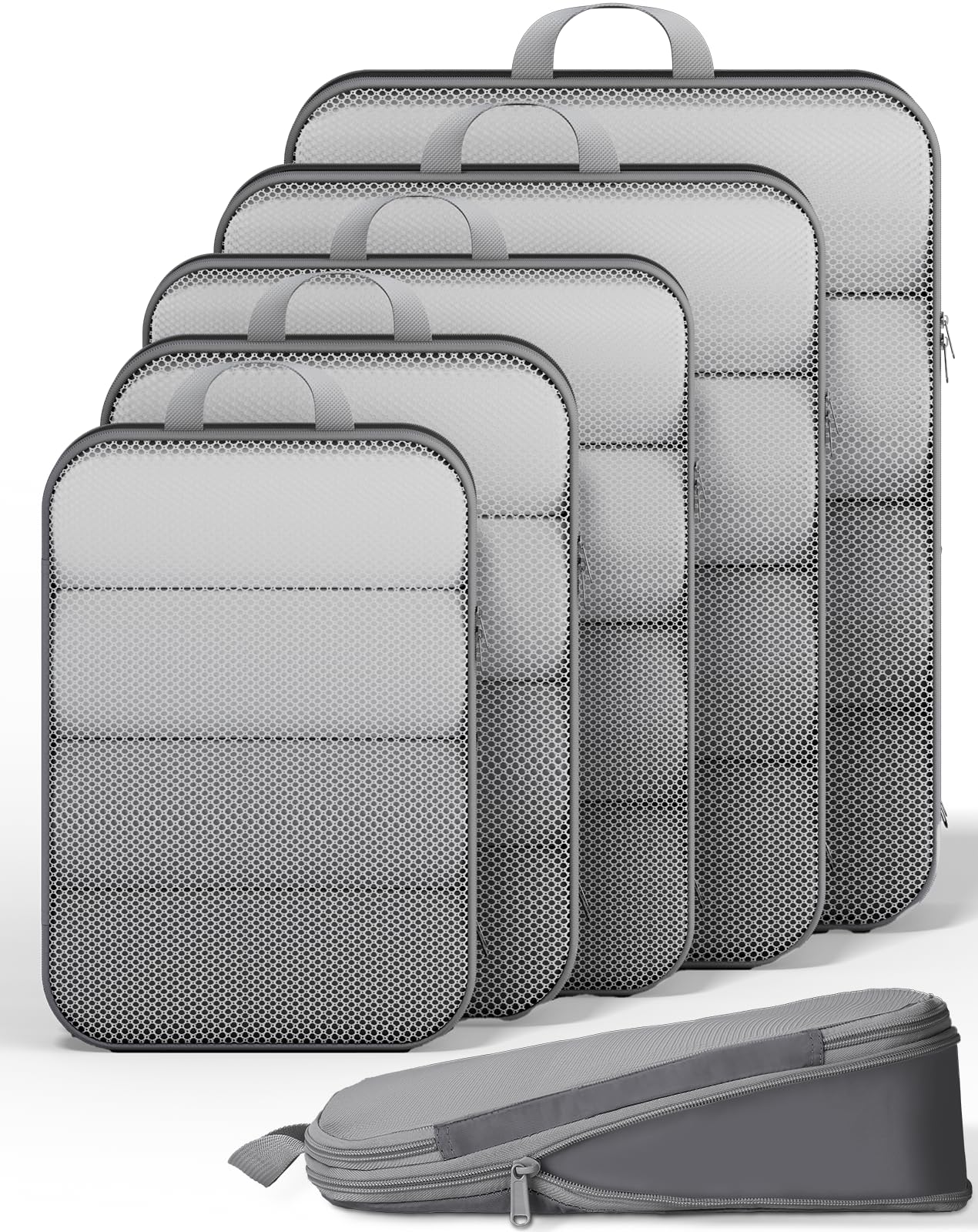 Photo 1 of (no packaging) Veken 4 Set Compression Packing Cubes for Travel Essentials,Compressible Expandable Luggage Suitcase Organizer Bags for Clothing,Space Saver Storage Bags with Over 1000 pcs of Mesh Holes(Gray)