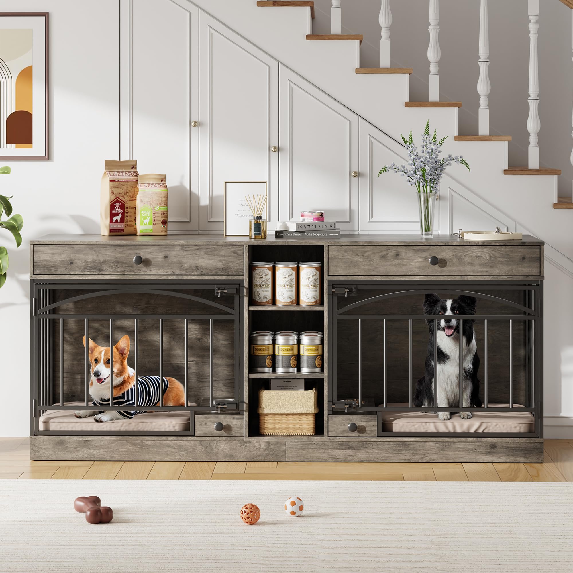 GarveeHome Dog Crate Furniture for 2 Dogs, Dog Kennel Indoor with Storage and Feeding Bowls, Double Dog Crate TV Stand for Small Medium Dogs, Grey