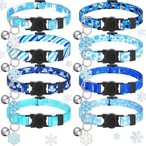 Sanwuta 8 piezas de collar de invierno para gato con campanas y colgantes de copo de nieve, pingüino de muñeco de nieve, copo de nieve, gato, lindo