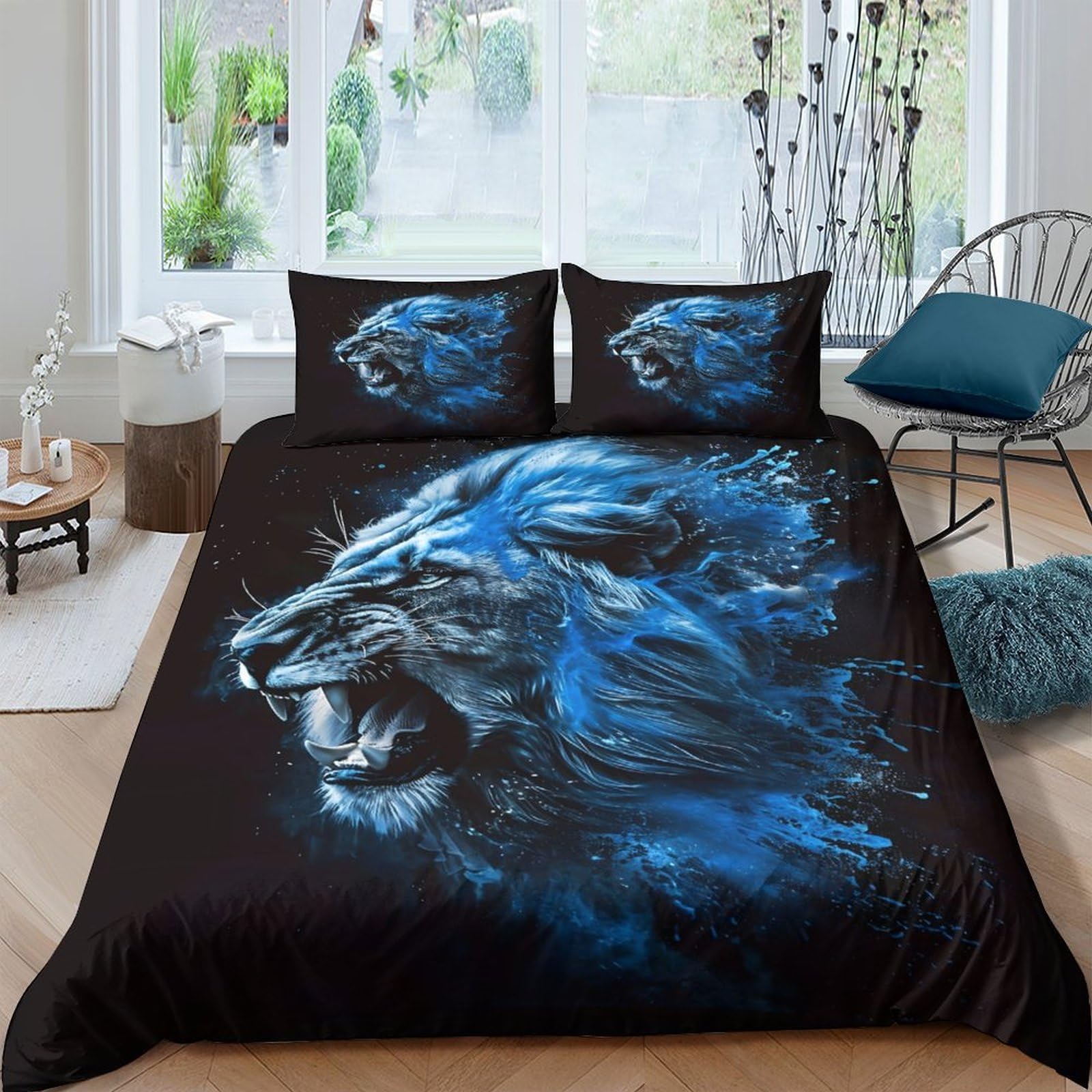 3D Printed Blue Lion Duvet Cover Microfiber Soft Breathable Wild Animal Bedding Set with 2 Pillowcases for Bedroom Decor Single（135x200cm）