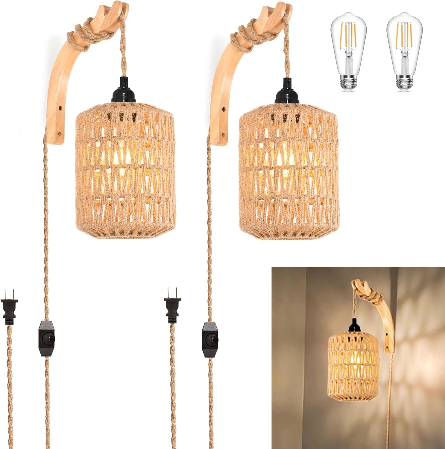 ZECOXOL Plug in Wall Sconces Wall Sconces Set of Two Hand Rattan Boho