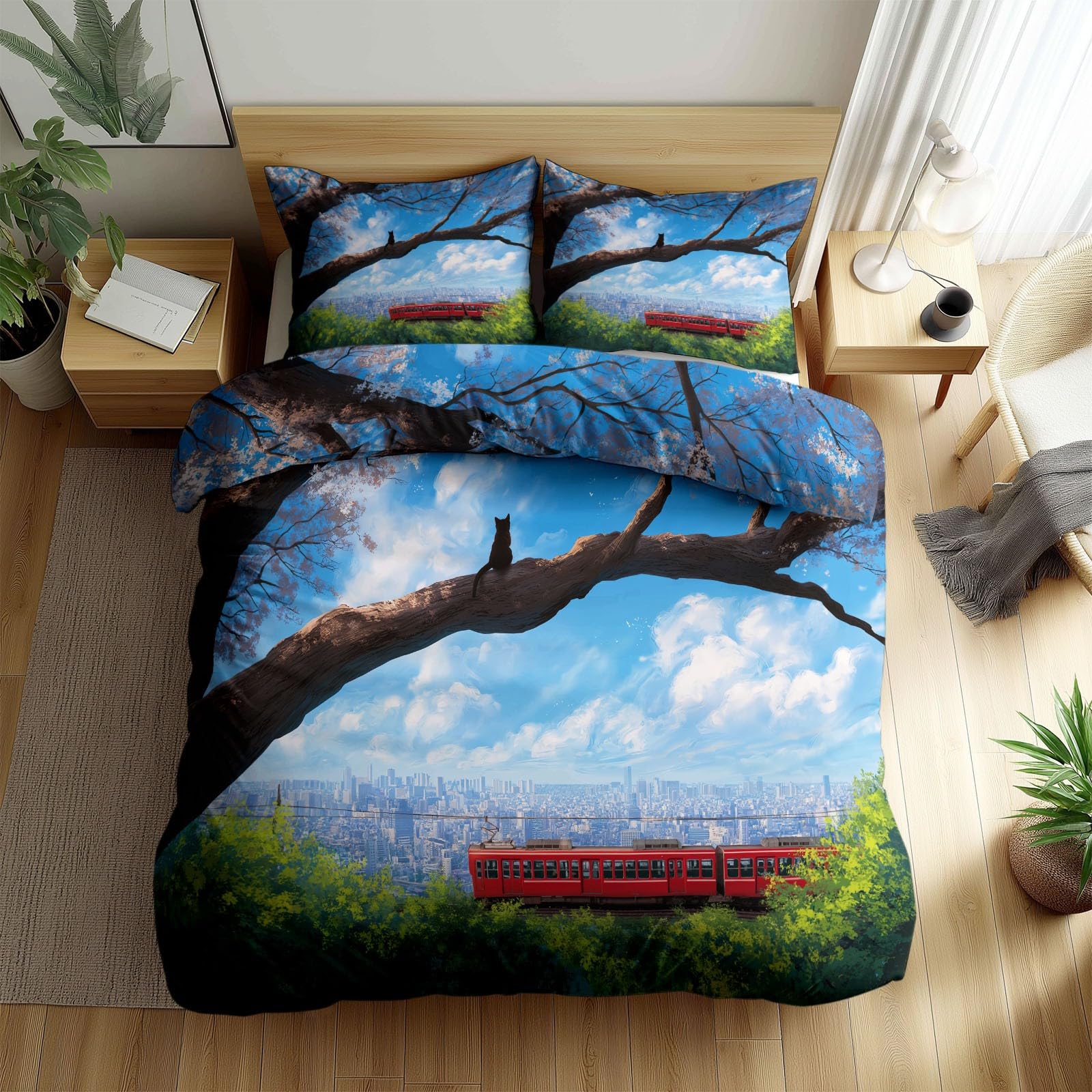 Housse de couette 90 x 190 cm bleu clair hypoallergénique avec paysage urbain et fleurs