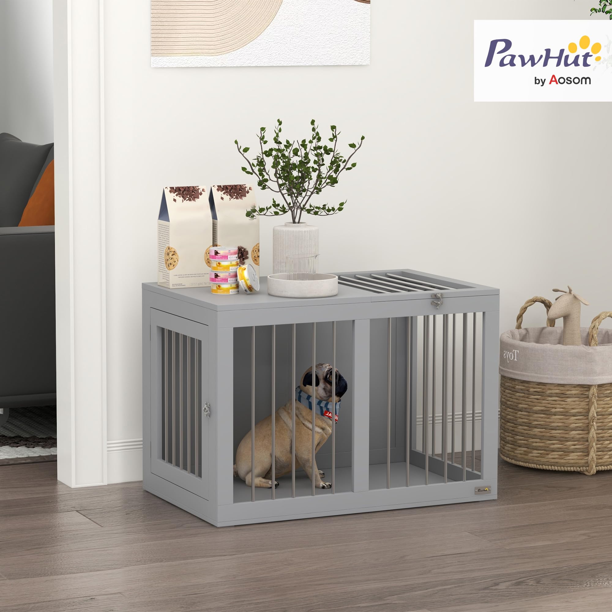 PawHut Cage pour Chien intérieur avec 2 Portes verrouillables, Bonne Ventilation, Niche pour Chiens, Table d’appoint, 80 x 50 x 56,5 cm, Gris