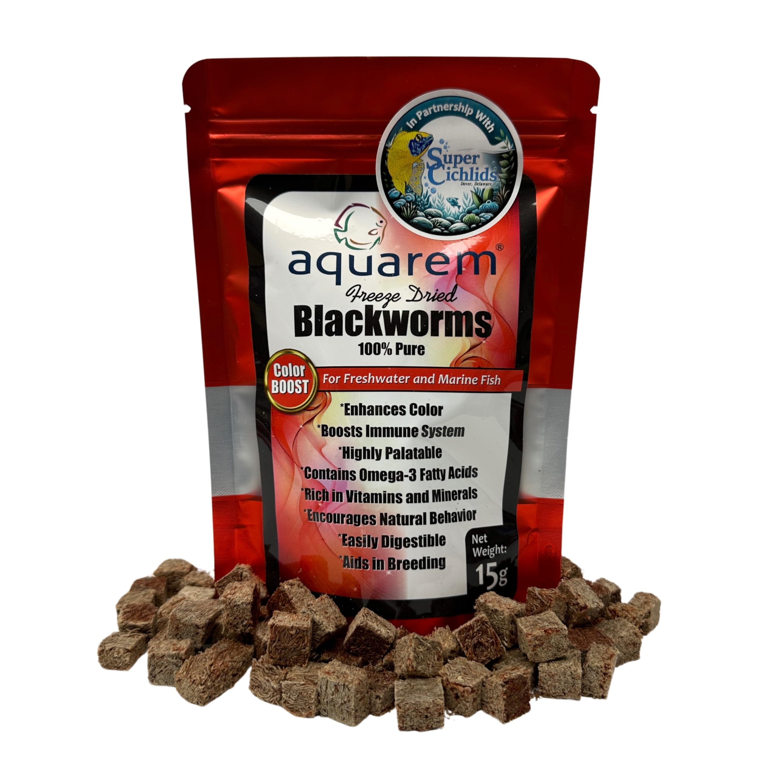 Freeze Dried Blackworms with Color Boost - Great for Tropical & Marine Aquariums - High Protein, No Preservatives - Live Blackworms Replacement (15 Grams)