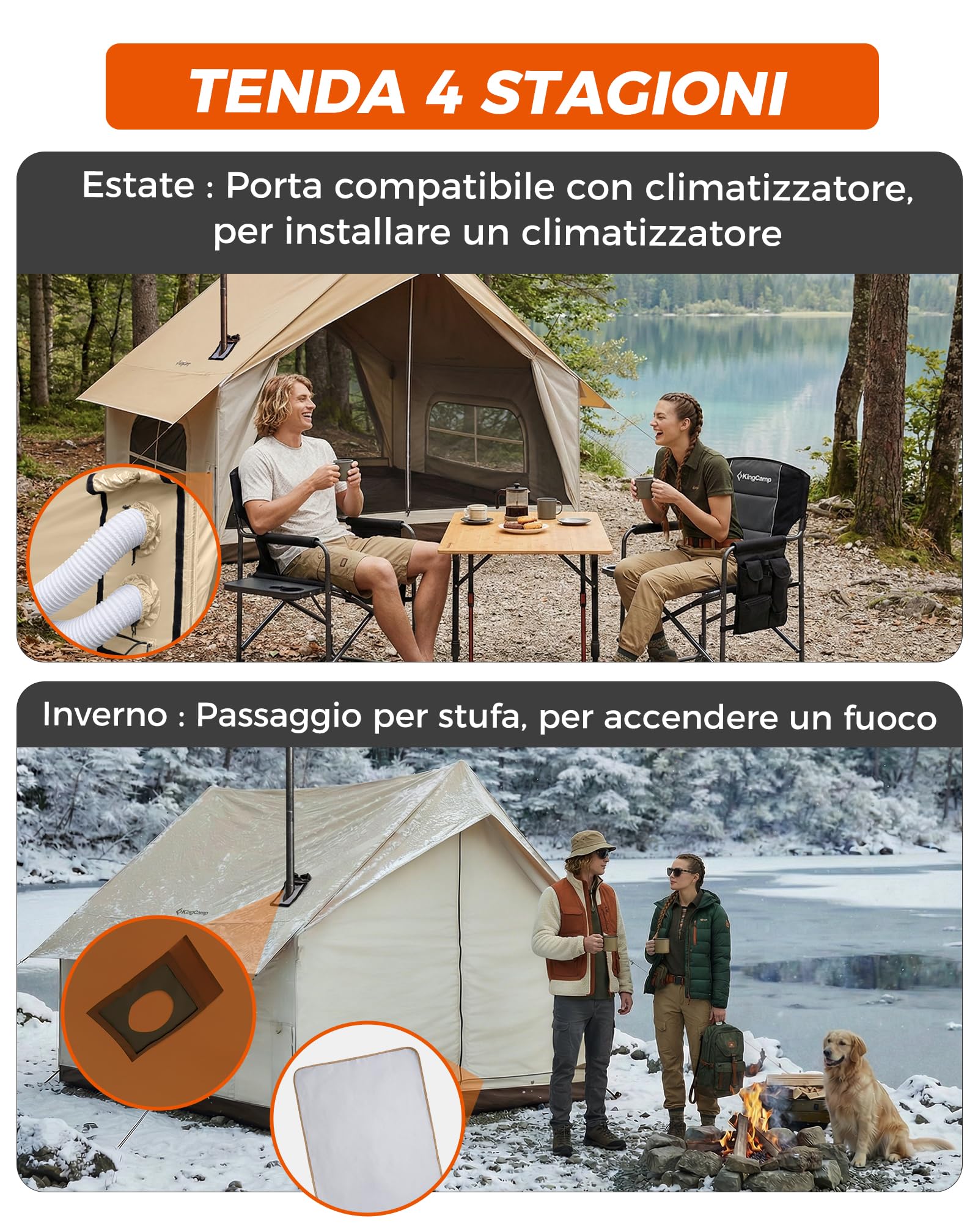 KingCamp 4-5 Persone Tenda,8㎡ Tenda Casa con Apertura Camino & Porta AC,Tenda Impermeabile 210g TC, 2 Porte 4 Finestre, con Copertura Ignifuga, Tenda 4 stagioni,per Campeggio Famiglia