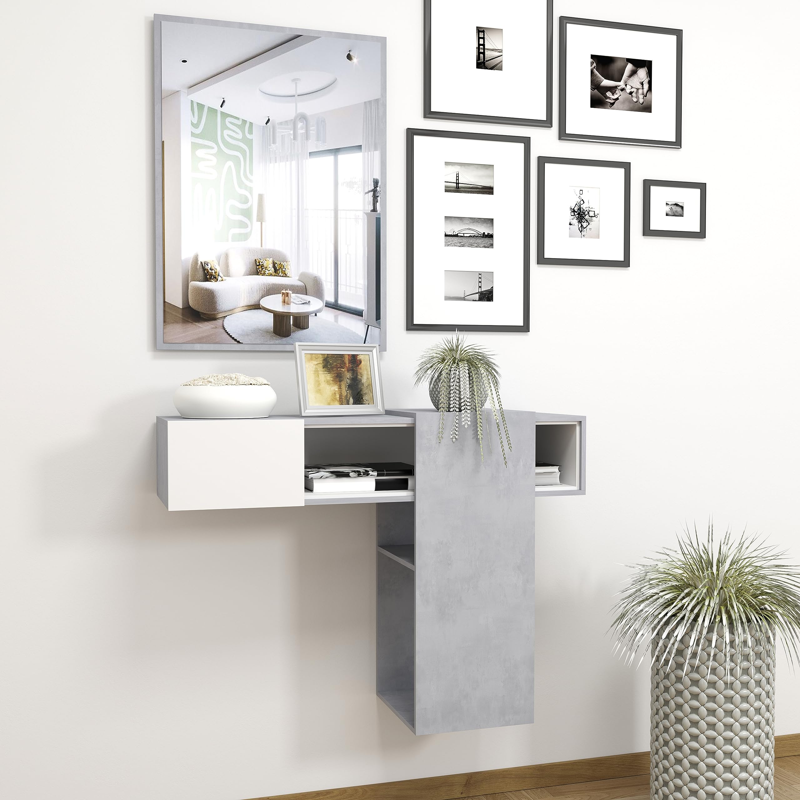 BRICOZONE Mobile Sospeso Scorrevole Da Ingresso Con Specchio Moderno Contemporaneo Salvaspazio Innovativo Funzionale Pensili Pannelli Legno Rettangolare Parete 100 x 31.5 x 75 cm Bianco Grigio Cemento