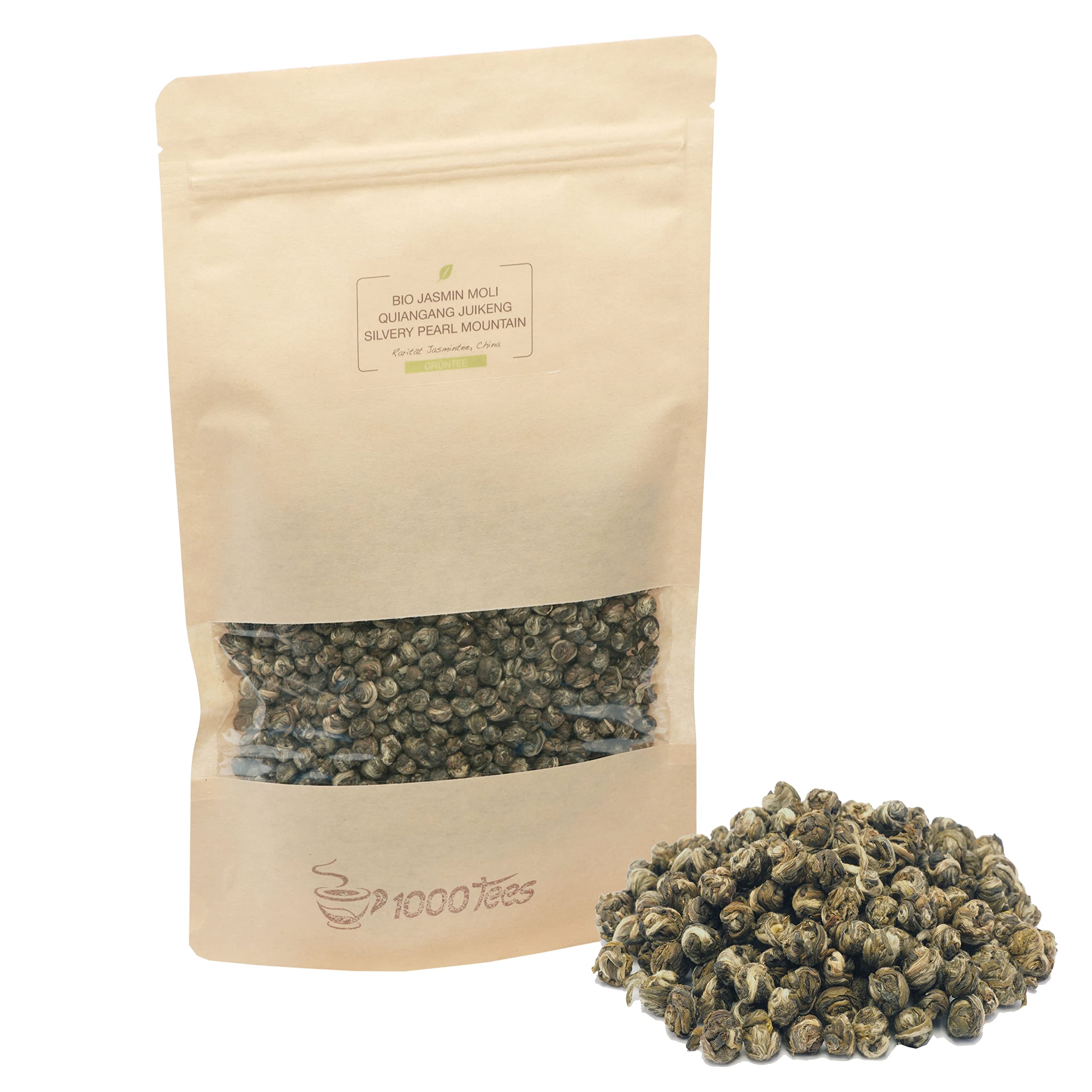 Grüntee BIO Jasmin Moli Quiangang Jiukeng Silvery Dragon Pearl Mountain Top Jasmintee (Rarität) aus China, mild, lieblich, jasminig, frisch abgefüllt