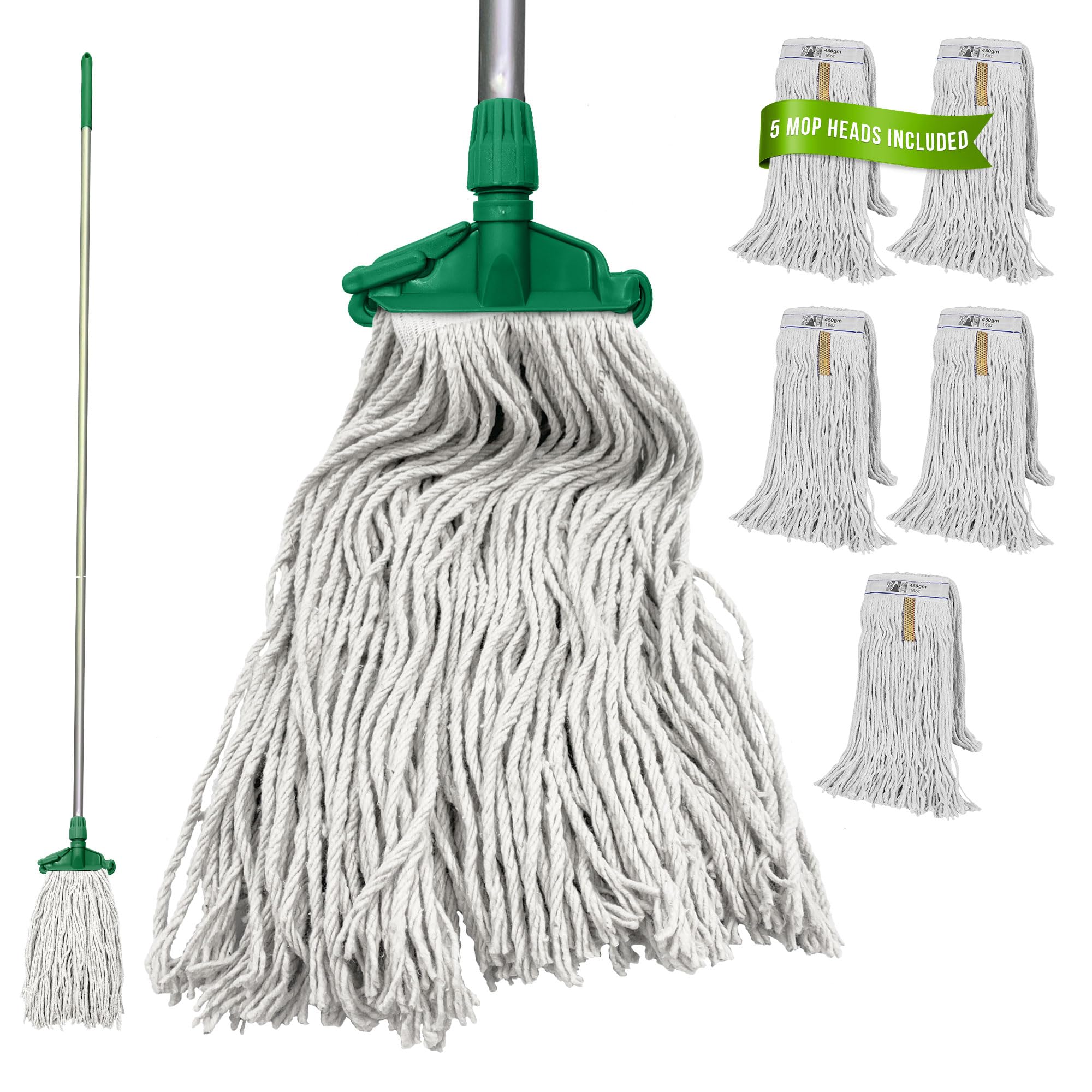 Tdbs The Dustpan And Brush Store Green Kentucky Mop Set, Colour-Coded Industrial Mop Includes X5 Kentucky Head, X1 Solid Aluminium Handle & X1 Plastic Clip, Commercial-Grade Heavy Duty Cleaner For Cleaning Floors (Green)