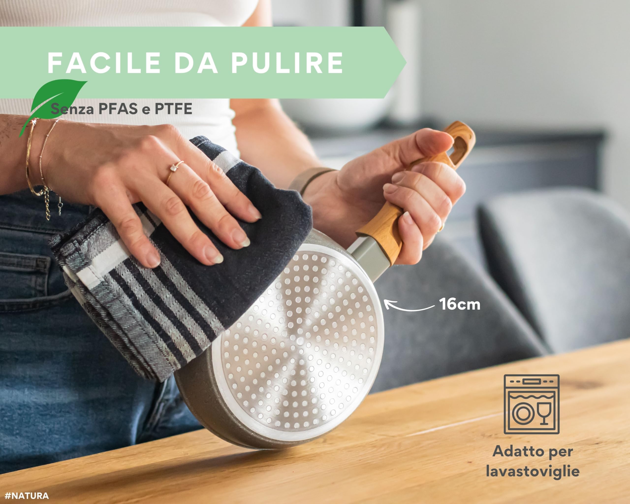 DIVORY Padella in ceramica 16 cm - piccola padella con rivestimento in ceramica, per fornelli a induzione, senza PFAS e PTFE, rivestita, lavabile in lavastoviglie, adatta al forno (Natura, 16 cm)