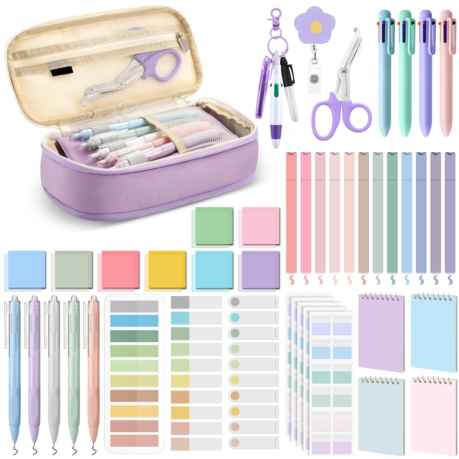 Jutom 50 Pcs Nursing School Essentials for Students Aesthetic Stationery CNA Gift Include Medical Scissors Badge Reel Transparent Sticky Notes Pens Notebook Pencil Case Highlighter Label(Purple)