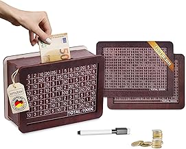 emybox® Sparbox (mit 3 Ziele) – Spardose aus Holz mit Zahlen zum Ankreuzen. mit Ziel (1000€, 2000€, 3000€) und Stift. 18x13x7cm
