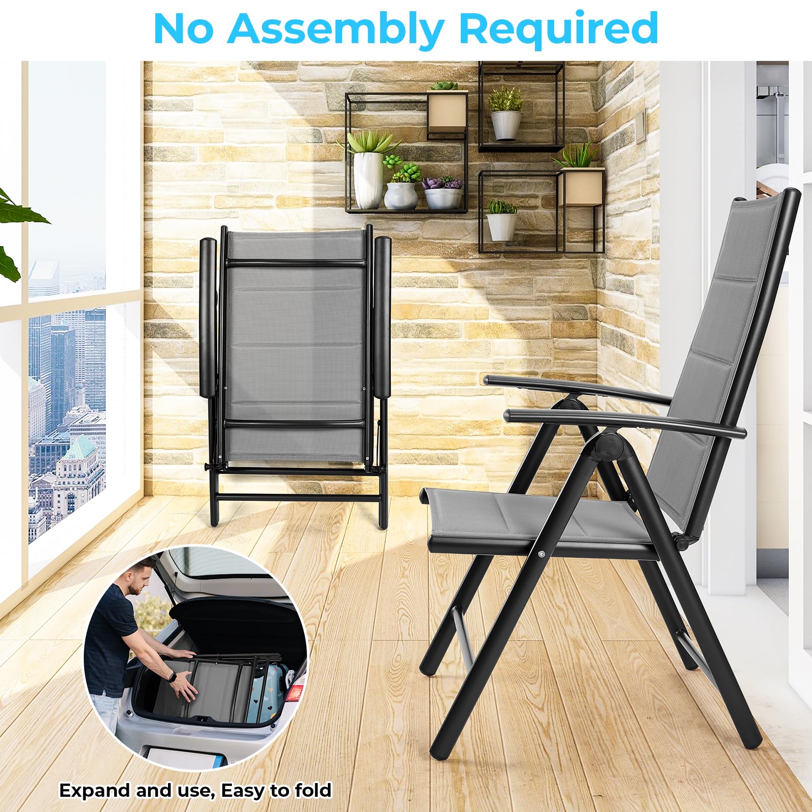LIFERUN Juego de 4 sillas de jardín con respaldo alto, plegable, silla de balcón de aluminio, hasta 120 kg, con respaldo y asiento acolchados, 7 posiciones, silla de comedor para exteriores, con