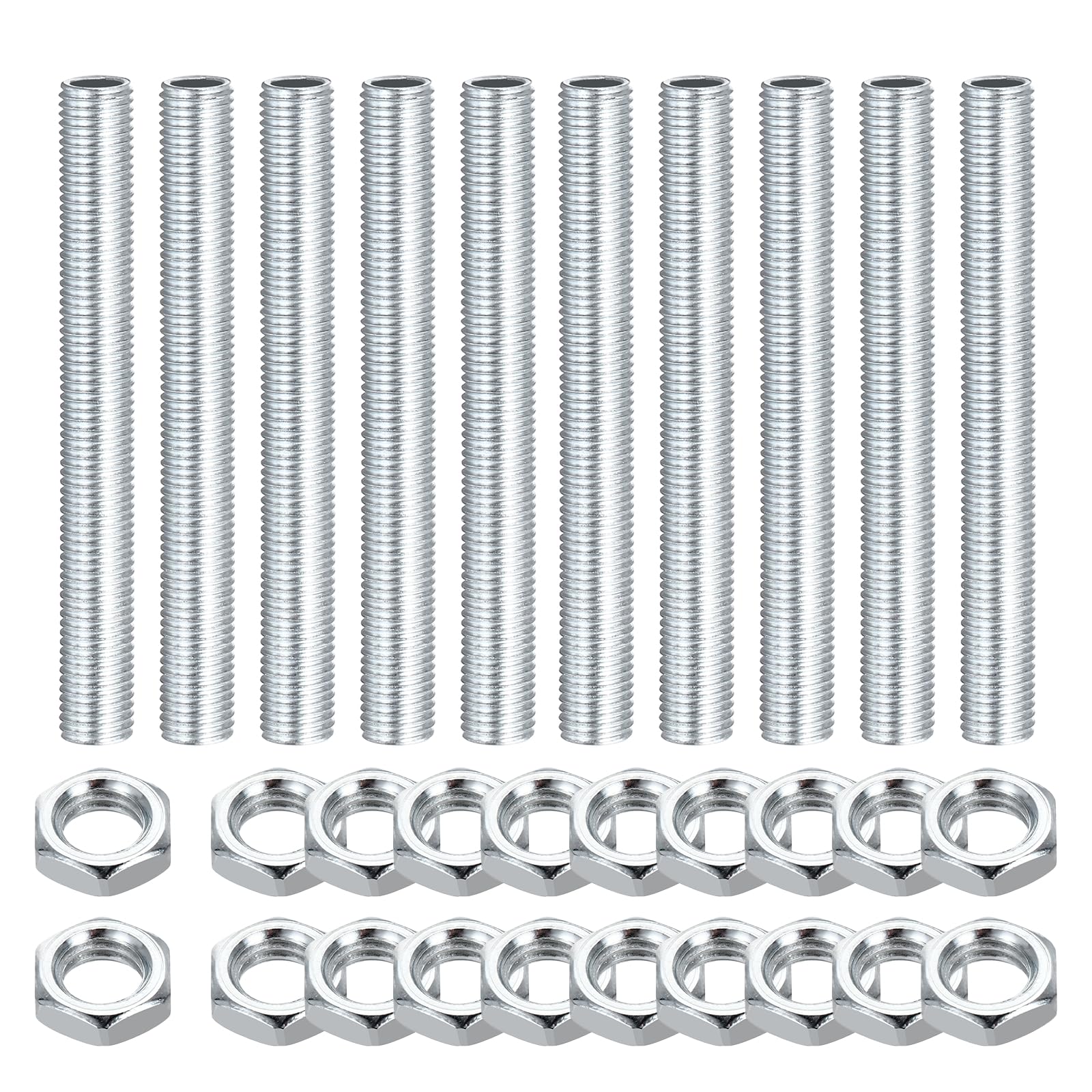 sourcing map 10Pcs 70mm Lamp Pipe Nipples Kit with Lock Nuts, M8x1 Fine All Threaded Hollow Tube Lamp Repair Hardware Fasteners for Chandelier Ceiling Lamps Assembly DIY, White Zinc