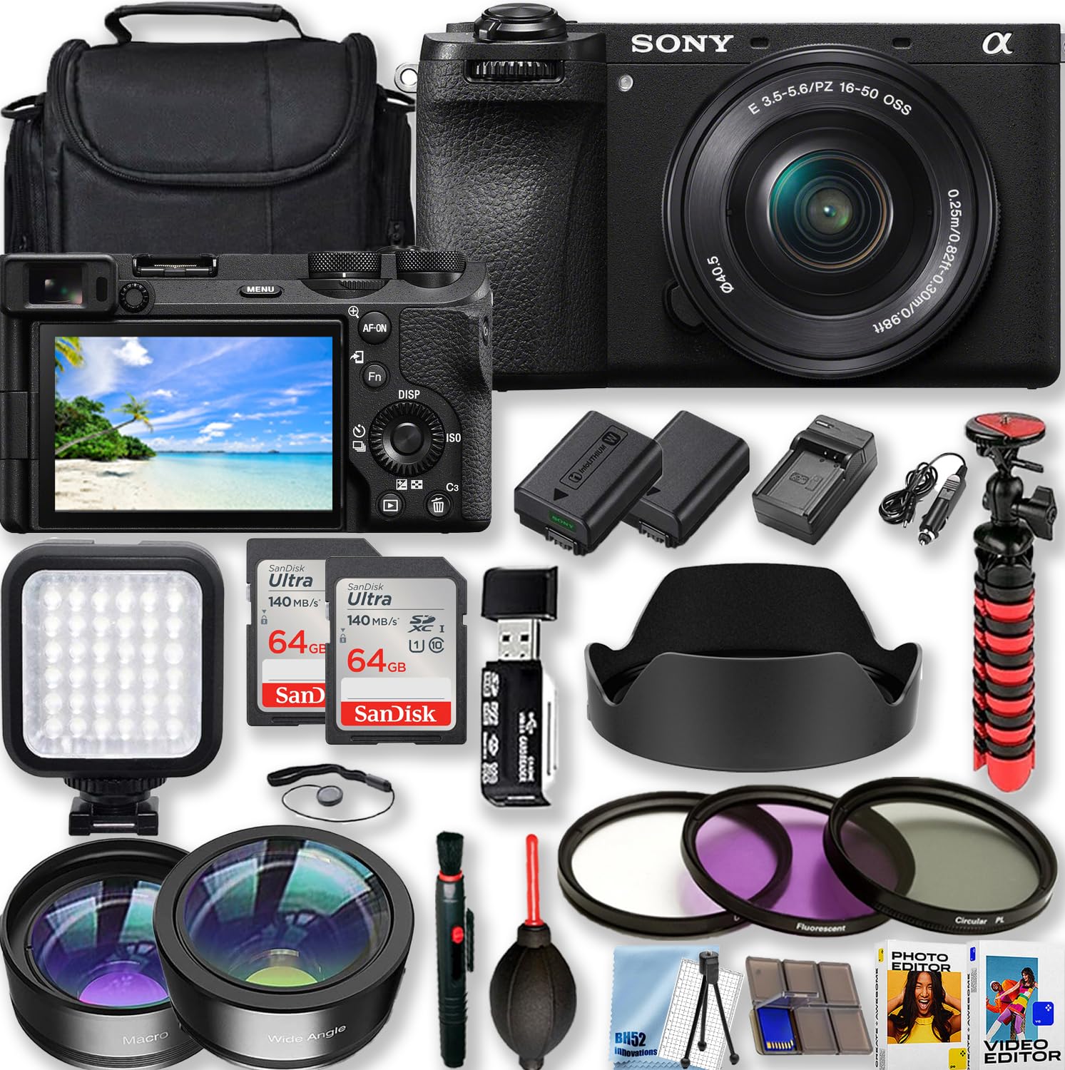 Sony a6700 26MP 4K Video Recording Mirrorless Camera with Sony E PZ 16-50mm f/3.5-5.6 OSS Lens+3 Piece Lens Filter Kit+LED Light+128GB Memory+