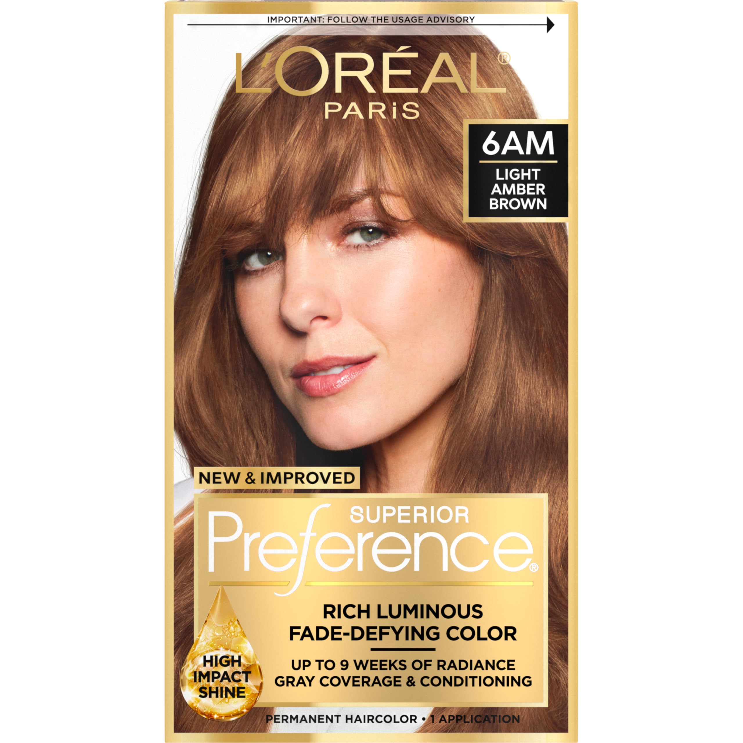 L'Oreal Paris Superior Preference Luminous Fade-Defying Permanent Hair Color, Hair Dye For Up to 9 Weeks of Radiance, Light Amber Brown 6AM, 1 Hair Dye Kit
