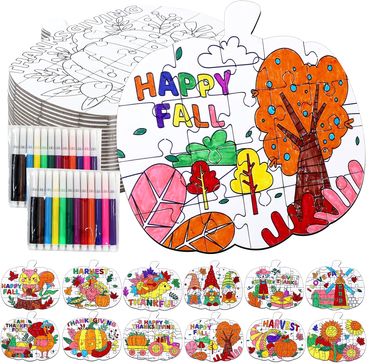 24Pcs Thanksgiving Fall Crafts for Kids Autumn Pumpkin Shape Art DIY Puzzle