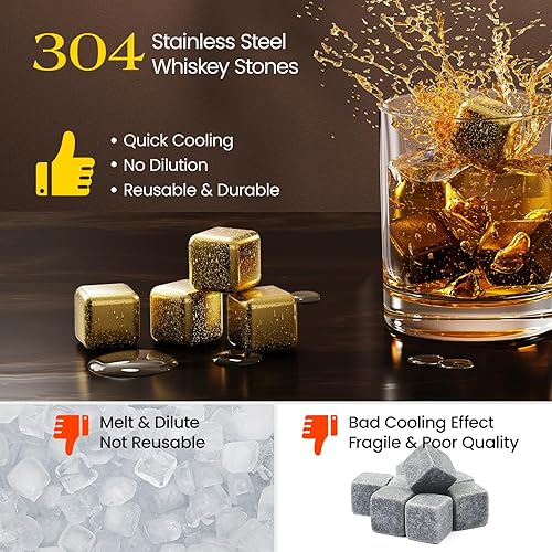 Miniatura 2 de Kollea - Piedras de whisky, paquete de 8 rocas frías de acero inoxidable dorado, cubo de hielo reutilizable para beber, accesorios de bebida de