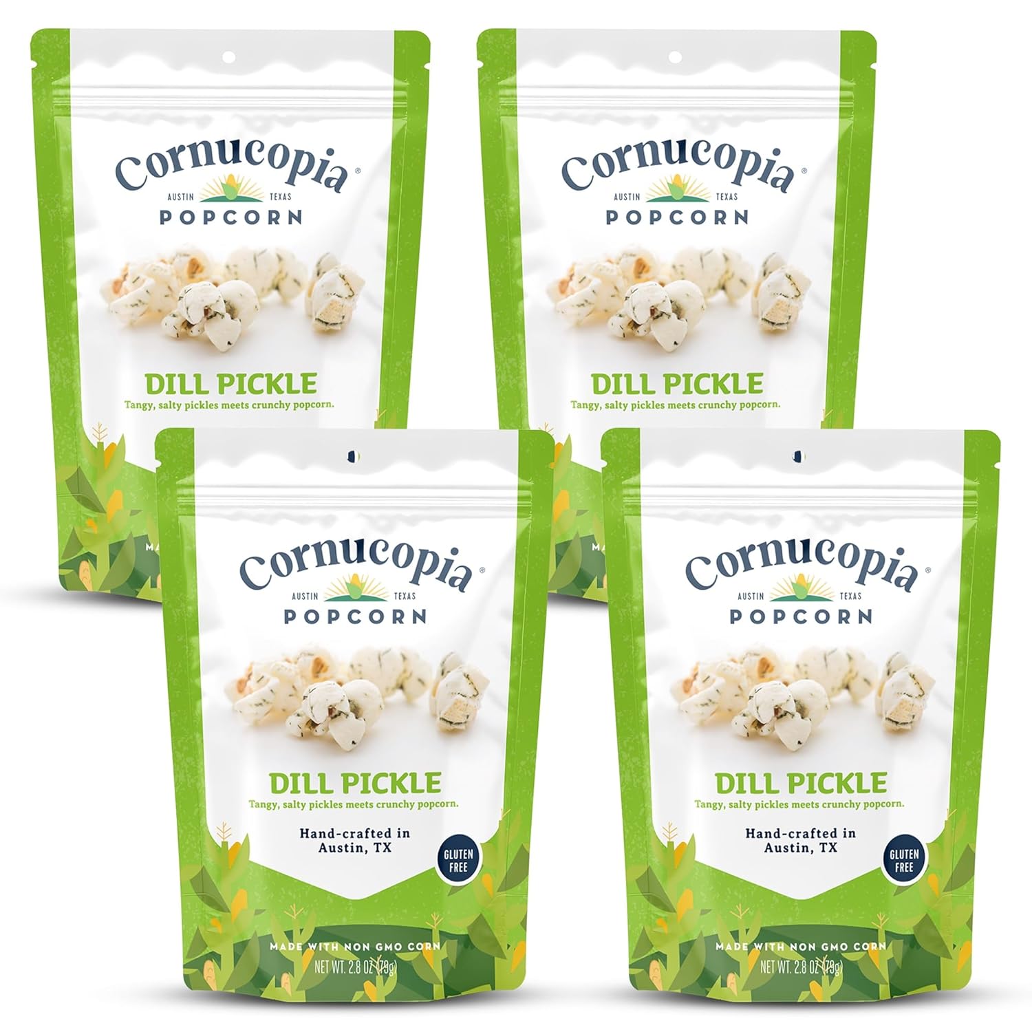 Cornucopia Popcorn Dill Pickle 4 Pack – Gourmet Artisan Popcorn from Austin Tangy Bold Dill and Garlic Flavor for Movie Nights Parties and Gifts Gluten Free Crunchy Savory Snack, 4 Bags 2.8 oz each