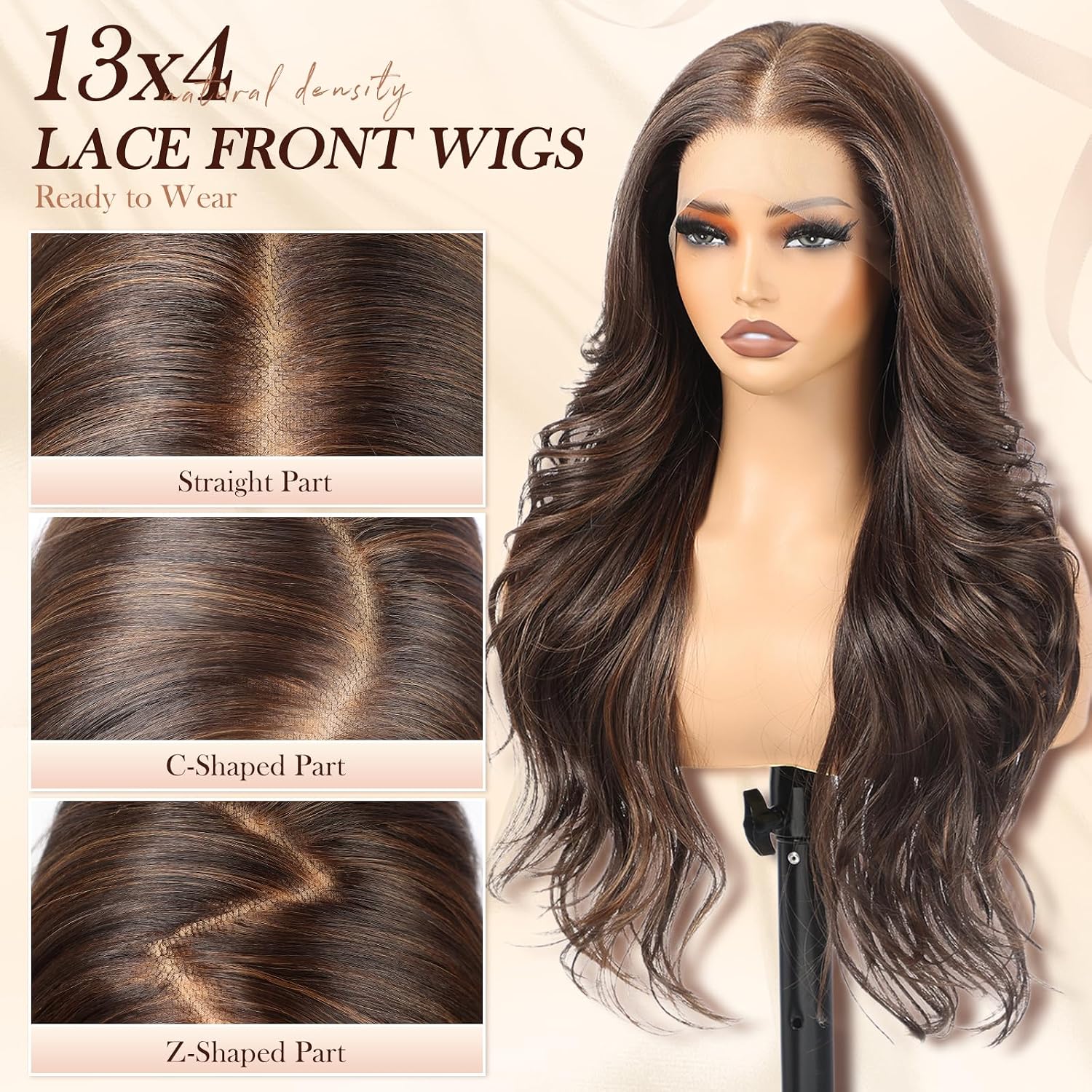 EMMOR 26 Inch Lace Front Wig for Women 13x4 HD Lace Glueless Wigs Pre-Plucked Hairline & Layered Wave Style Synthetic Hair for Everyday Wear-Brown