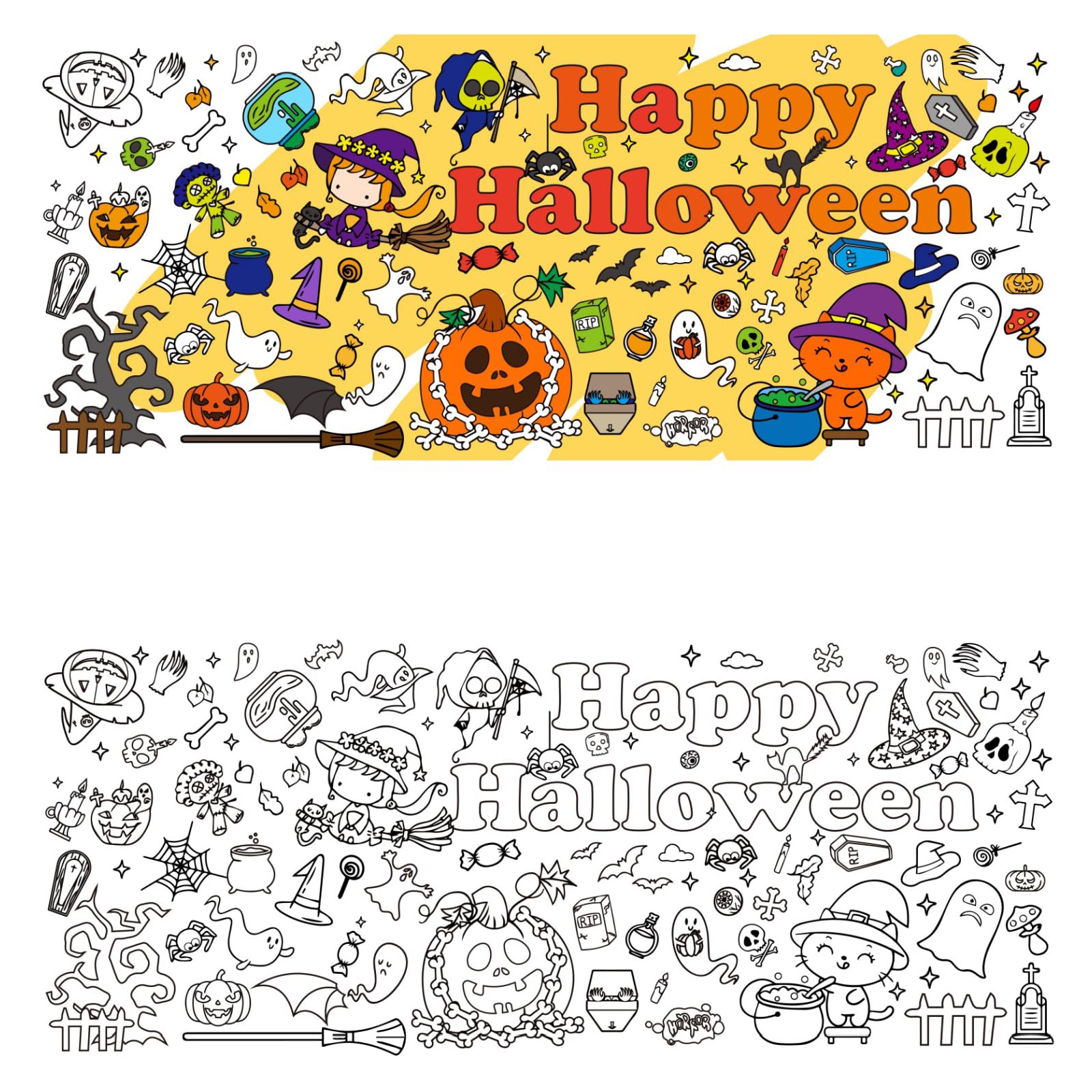 Eznaobo Halloween Coloring Tablecloth,30 x 72 Inch DIY Kids Party Tablecloth,Halloween Giant Colouring Poster Table Cloth for Kids, Boys Girls Birthday Gift, Craft Doodle Art