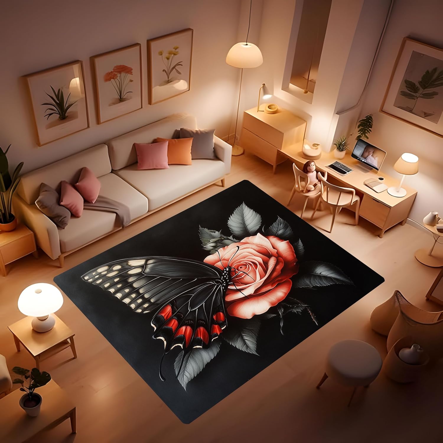 Butterfly Washable Area Rug for Bedroom, Non-Slip Simple Style Rug, Soft Insect Floral Rug for Living Room Dining Room Playroom Office (2' x 3', Black)